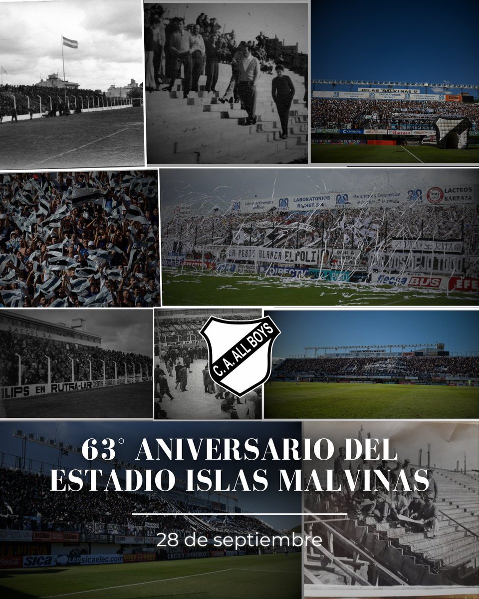 caallboys's tweet photo. 📅 28 de septiembre | 63 años de historia 

🔙 Un día como hoy, hace 63 años, se inauguraba el Estadio Islas Malvinas.

⚽ Con una histórica goleada 7 a 0 ante Deportivo Riestra, Cesáreo Cortón convirtió el primer gol en nuestra nueva casa.

🏟️ Más de seis décadas de historia, pasión y emociones vividas en el corazón de barrio.

😍 ¡Feliz aniversario a nuestra casa! 

🤍🖤 #ElRoccaParaAllBoys 🖤🤍