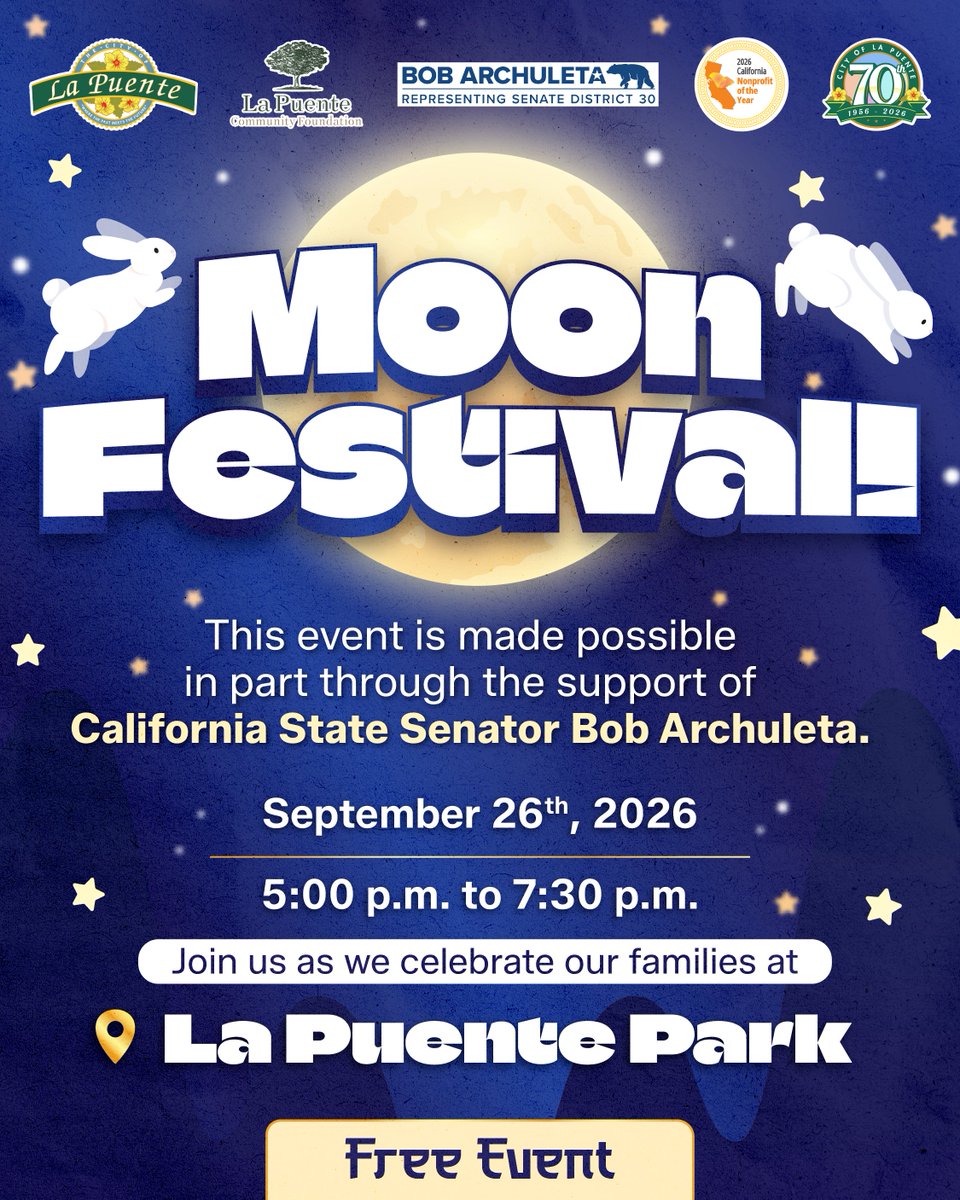 CityofLaPuente's tweet photo. 🏮✨ Celebrate under the moonlight!
Join us for the Moon Festival and enjoy an evening of culture, creativity, and family fun.
📅 September 26th
🕔 5:00 pm to 7:30 pm
🦁Lion Dance at 5:00 pm
📍La Puente Park
More info (626) 637-8722
#LaPuente #MoonFestival #Culture #Community https://t.co/KCIsbLFPy7