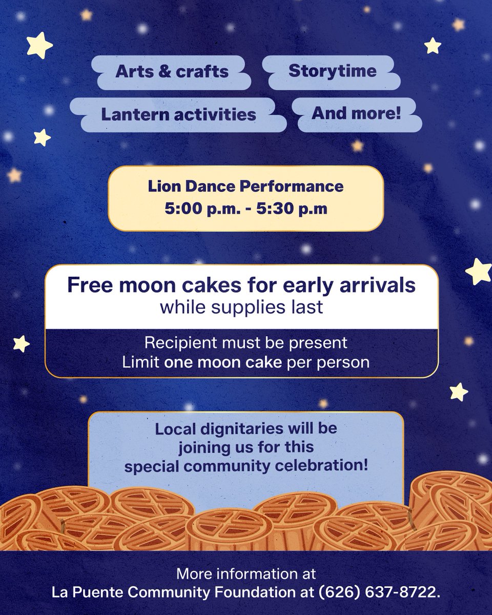 CityofLaPuente's tweet photo. 🏮✨ Celebrate under the moonlight!
Join us for the Moon Festival and enjoy an evening of culture, creativity, and family fun.
📅 September 26th
🕔 5:00 pm to 7:30 pm
🦁Lion Dance at 5:00 pm
📍La Puente Park
More info (626) 637-8722
#LaPuente #MoonFestival #Culture #Community https://t.co/KCIsbLFPy7
