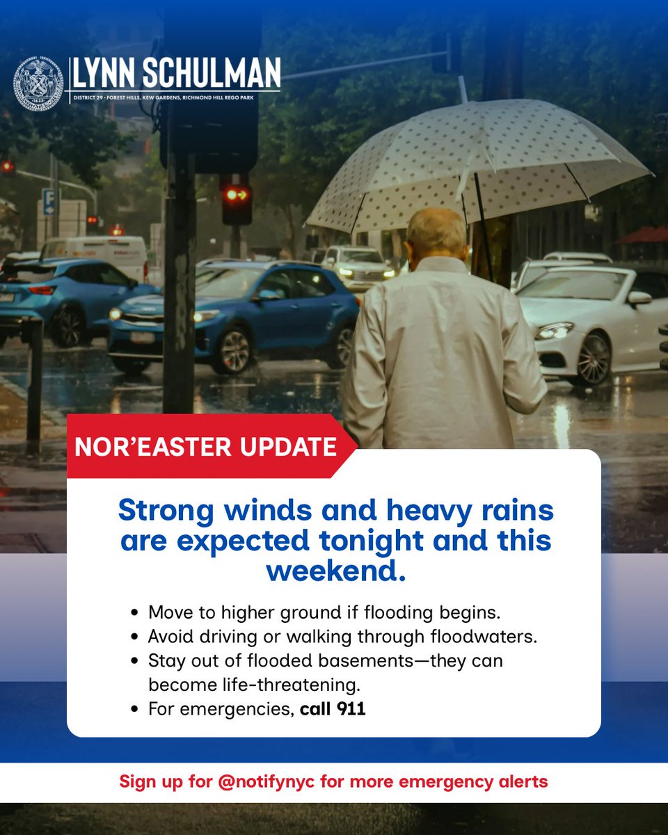 Lynn4NYC's tweet photo. Governor Kathy Hochul has declared a State of Emergency for NYC, Long Island, and Westchester for the pending Nor'easter.

💨 A Wind Advisory has been issued with expected gusts of 40 to 50 mph that could bring down trees, limbs, and power lines.

🌧️ Rain moves in this afternoon and evening. It's the start of 2 to 3 inches through the weekend.

🌊 Coastal Flood Warnings begin at 6 p.m. for Staten Island, Brooklyn, Queens, and the Bronx, with a Coastal Flood Advisory for Manhattan. 

Secure loose outdoor items and charge your devices now. If you park on a street that floods during coastal flooding, move your car before tonight's high tide. Never walk or drive through floodwater.

Text NOTIFYNYC to 692-692 for alerts. 

Basement apartment residents should sign up at https://t.co/UMcWjSHwII and select the basement apartment option to get phone call alerts during flooding.

Be safe!