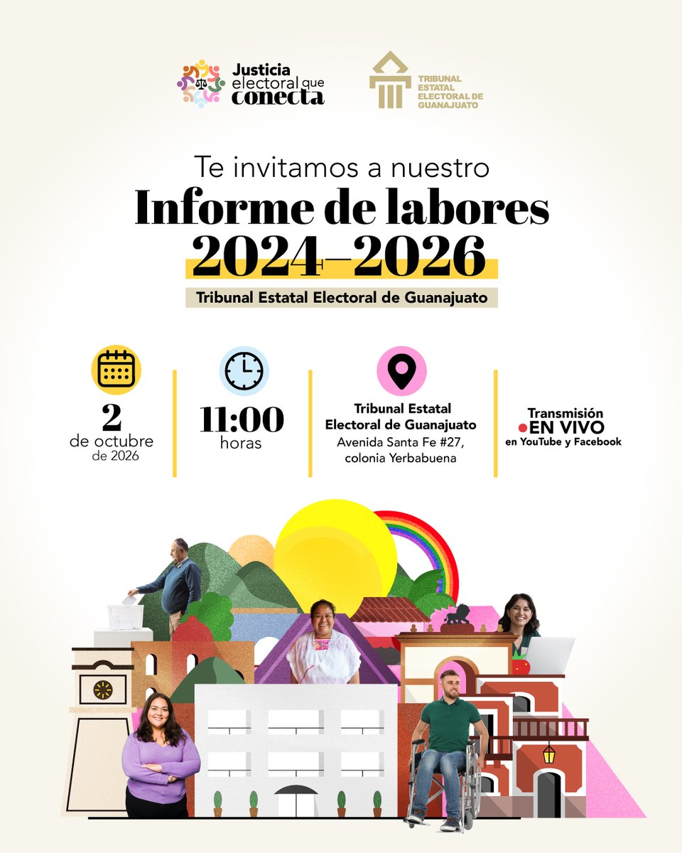 TEEGTO's tweet photo. Te invitamos al Informe de Labores 2024–2026 del Tribunal Estatal Electoral de Guanajuato.

2 de octubre | 11:00 h
🔴 Síguelo en vivo por YouTube y Facebook. https://t.co/fqho4G3VCo