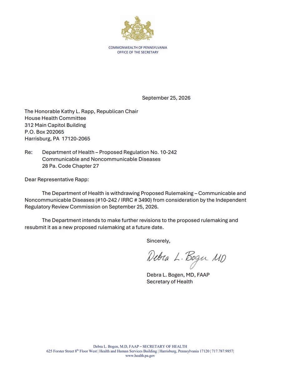 PAHouseGOP's tweet photo. 🚨🚨BREAKING: SHAPIRO’S DEPARTMENT OF HEALTH BACKS DOWN UNDER PRESSURE.

After our members raised serious concerns about the Shapiro administration’s overreach, and after they received over 6,000 appeals from the public, the PA DOH has WITHDRAWN their proposed COVID-era regulatory changes.