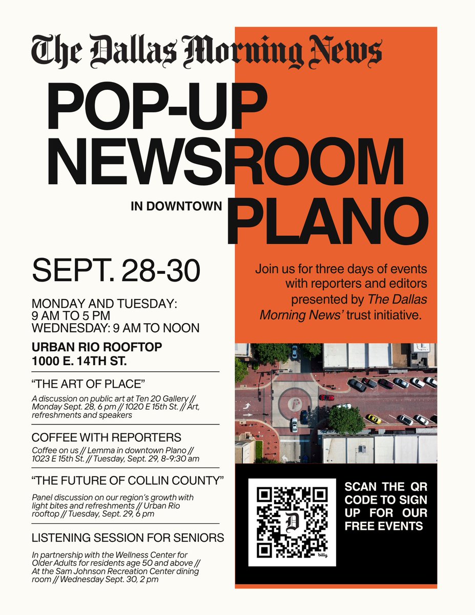 tomthuang's tweet photo. Join our reporters and editors at our Plano pop-up newsroom, Sept. 28-30. Thanks to Urban Rio, Ten 20 Gallery, Lemma Coffee Co, Pappalecco Plano  and Wellness Center for Older Adults. More at https://t.co/srrKGR6glA ! https://t.co/Ux7olQcIqa