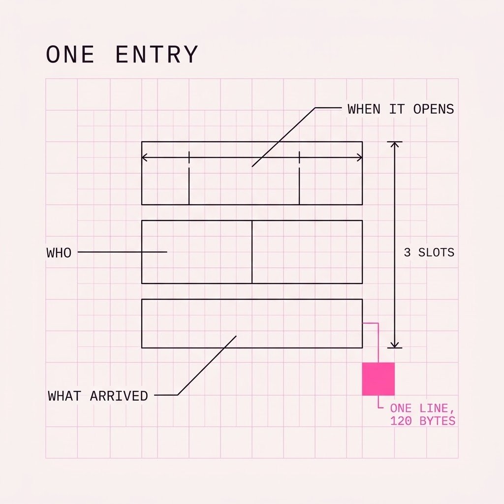 ponscodex's tweet photo. $CDX An entry carries five things.

▸ The wallet that wrote it
▸ The token, and the amount that actually arrived
▸ The unlock time, or none if it is a burn
▸ The block it was written in
▸ One line of text, up to 120 bytes

It can be extended, topped up or burned. It can never be shortened, and there is no admin key that could shorten it anyway.

$CDX on @ponsdotfamily
https://t.co/M8NkBSAQdP