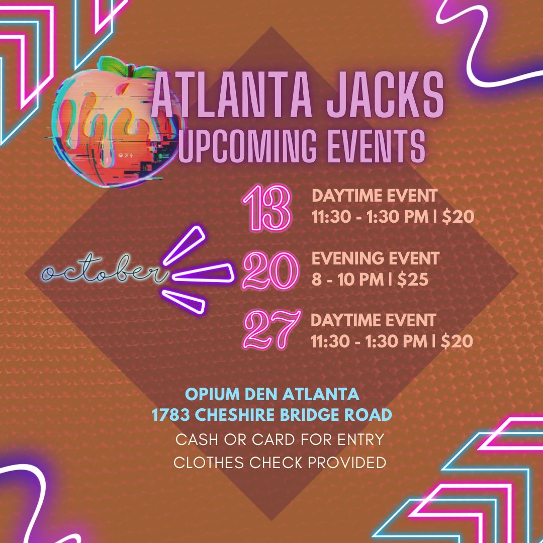 atlantajacksb8's tweet photo. Happy Pride ATL! 🏳️‍🌈
October dates are here! Besides our regular parties, our brother club Peach Fuzz Social Club will also have an ATL Pride Event on October 8th. 🍑

Link in the bio for all the parties; purchase your tickets in advanced to expedite check in. https://t.co/D2ldbcYW8C
