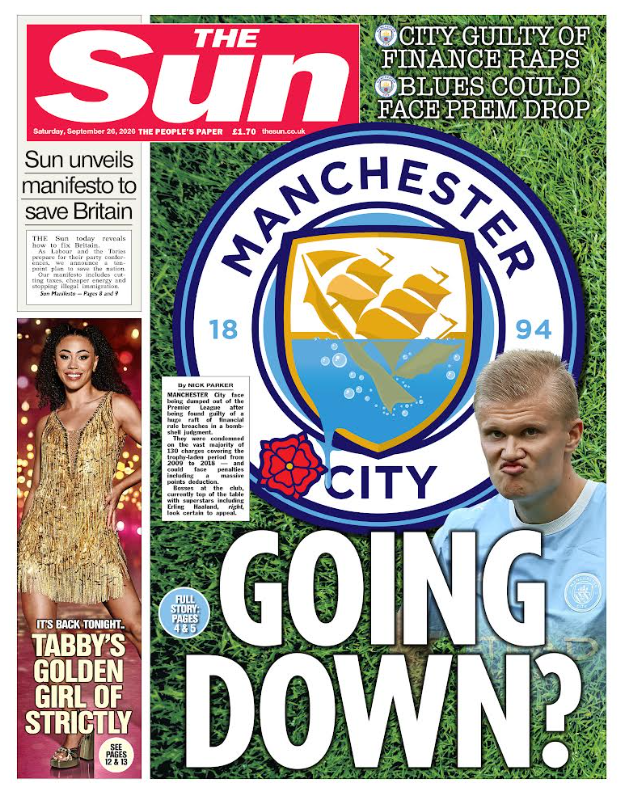 TheSun's tweet photo. Tomorrow's front page: GOING DOWN Full list of potential Man City punishments https://t.co/4xSQhXjB9i https://t.co/2PfDv0SeAB