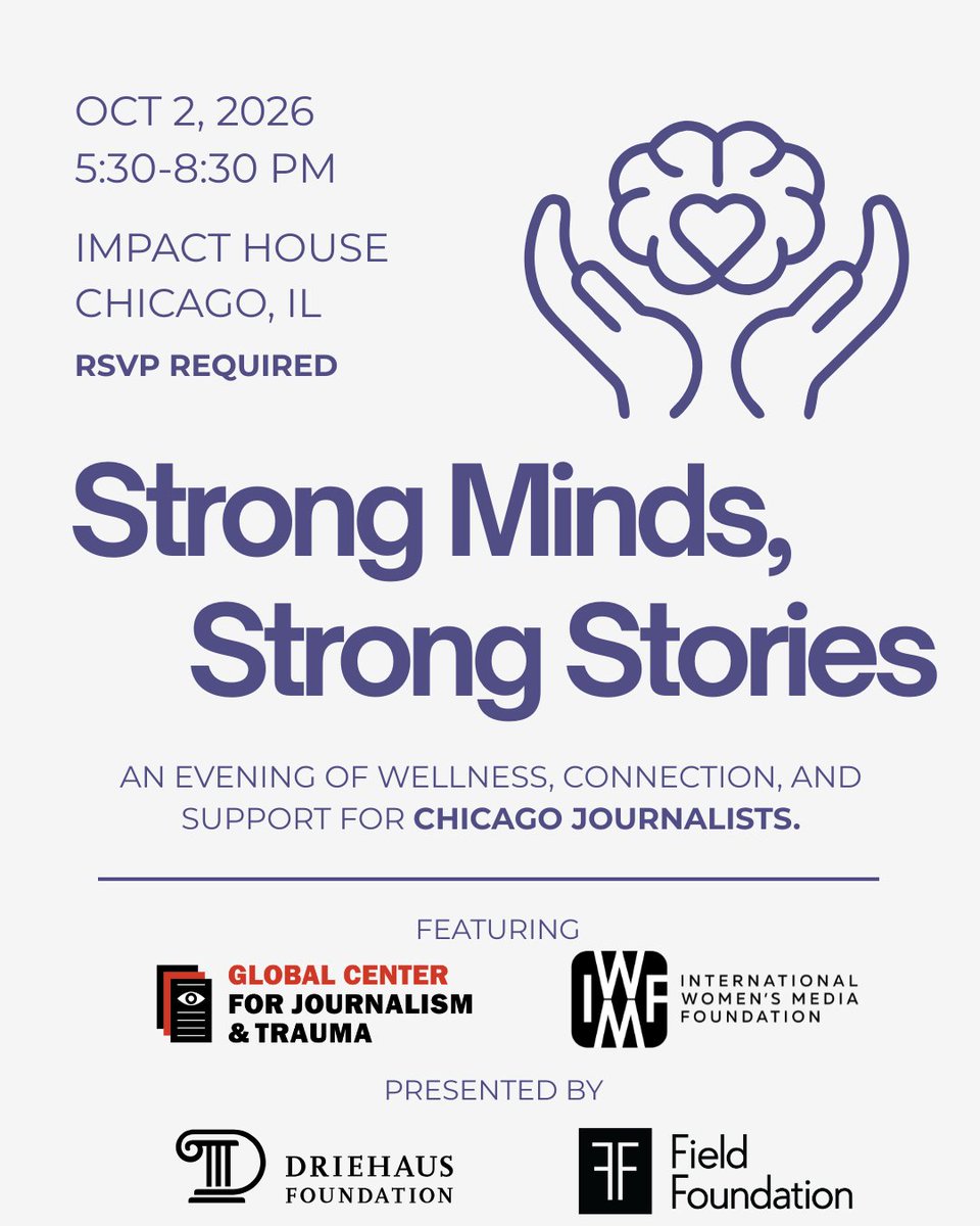 FieldFoundation's tweet photo. CHICAGO JOURNALISTS! Exactly ONE WEEK away!
"STRONG MINDS, STRONG STORIES"
Behind every strong story is a journalist who deserves support.
FRI | OCT. 2 | 5:30–8:30PM | @myimpacthouse
RSVP: https://t.co/GmfXa7rxWG

Presented by The Field Foundation &amp; Richard H. Driehaus Foundation https://t.co/gNpNWEpCOW
