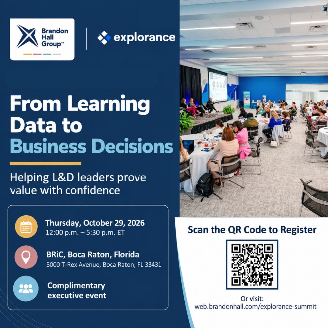 BrandonHallGrp's tweet photo. Turn learning data into decisions that drive real business impact. 📊

Join Brandon Hall Group™ and @explorance for From Learning Data to Business Decisions, a complimentary executive event designed to help L&D leaders prove value with confidence.

📅 Thursday, October 29, 2026
⏰ 12:00 p.m. to 5:30 p.m. ET
📍 BRiC | Boca Raton, Florida
🎟️ Complimentary executive event

Connect with fellow L&D leaders, gain practical insights, and explore how learning data can support smarter business decisions.

Scan the QR code to register or visit: https://t.co/Ba77oz2DAJ

#LearningAndDevelopment #LearningAnalytics #LND #HRLeadership #BrandonHallGroup #Explorance
