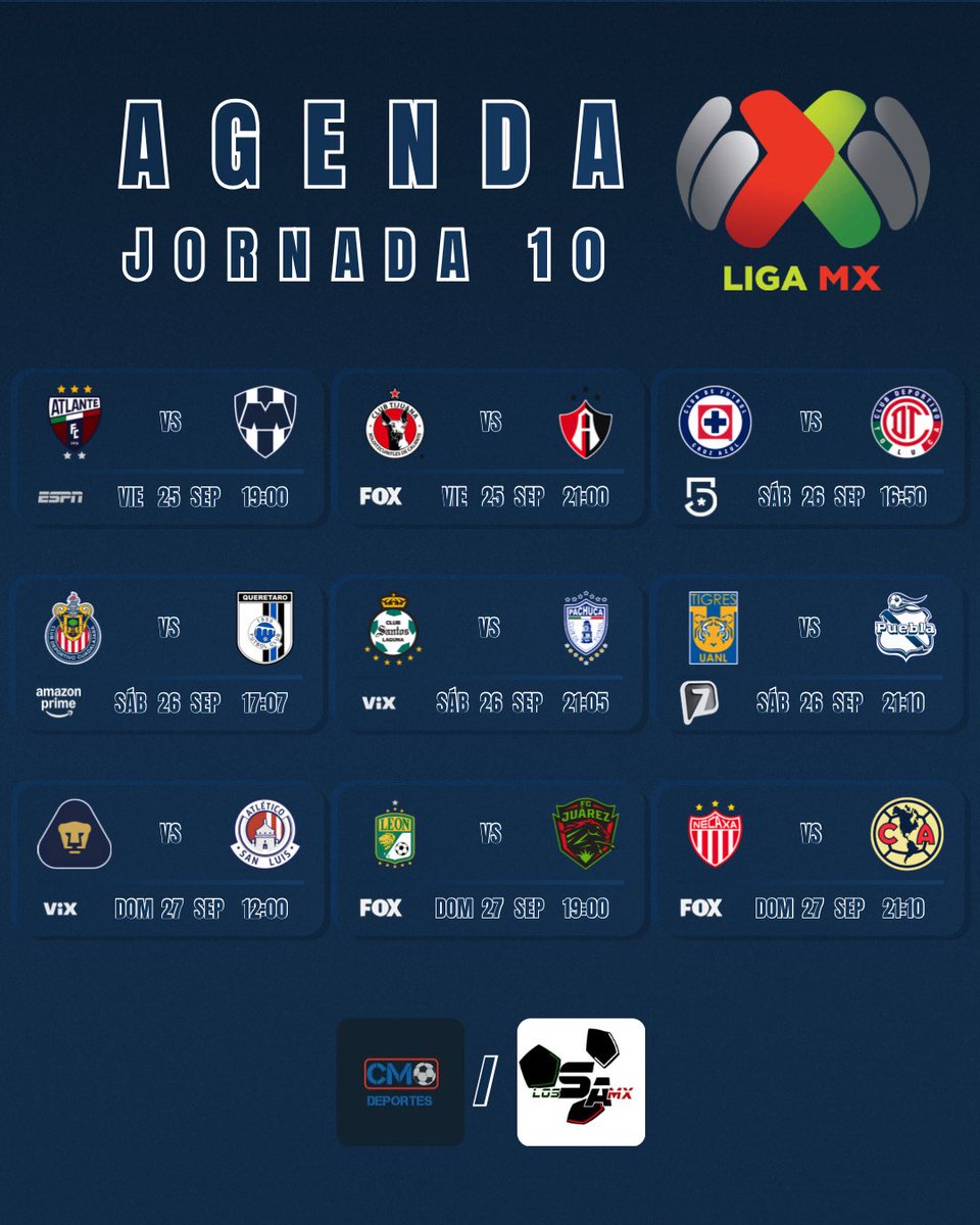 cmdeportes_mx's tweet photo. AGENDA JORNADA 10 LIGA MX 📆🇲🇽
El fútbol mexicano no se detiene ni en Fecha FIFA, y este fin de semana se disputará la décima jornada del Apertura 2026, en el cual destacan los enfrentamientos entre Tijuana vs Atlas y Cruz Azul vs Toluca.
#agenda #jornada10 #ligamx https://t.co/8UkycPRjh4