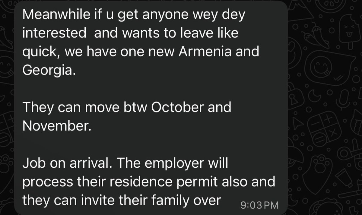 RLegacyWealth's tweet photo. Relocate to Georgia (Europe)to work within 6 to 8weeks.
Roles: Warehouse Support staff (4 slots), Kitchen Assistants (2 slots), Factory Attendants (4 slots).

Resume in November guaranteed.

Let’s know if you’re interested 👇 https://t.co/nHYJo58Oeb