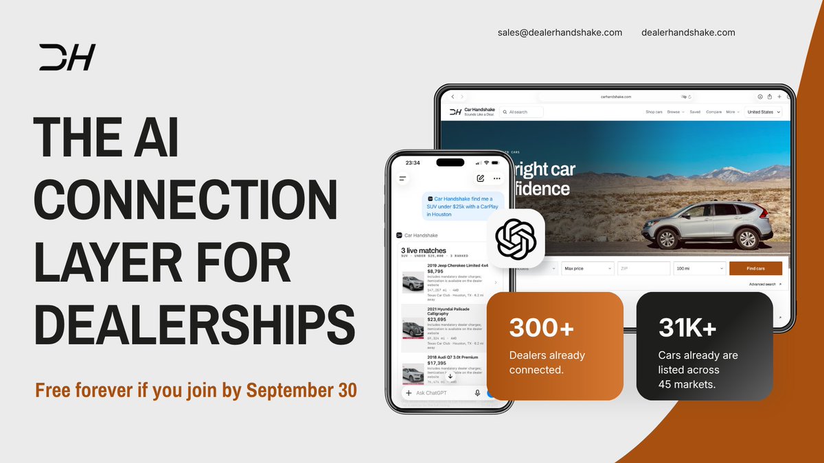 DealerHandshake's tweet photo. Car buyers are already using ChatGPT to search for cars. Is your inventory showing up?

Since June, we've connected 300+ dealers to AI assistants like ChatGPT and Claude, real leads, already flowing.

Free access closes September 30. 
After that, it's a paid plan. https://t.co/MR5nbv8FgG
