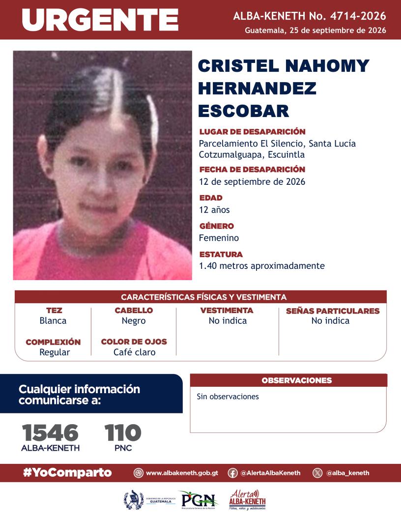 alba_keneth's tweet photo. #AlertaAlbaKeneth⚠️| Cristel Nahomy Hernandez Escobar de 12 años de edad. Desapareció el 12 de septiembre de 2026, en Parcelamiento El Silencio, Santa Lucía Cotzumalguapa, Escuintla.

🔁Comparte y ayúdanos con su localización.
📞Si tienes información llama al 1546. #YoComparto https://t.co/BggQ3JXcs8