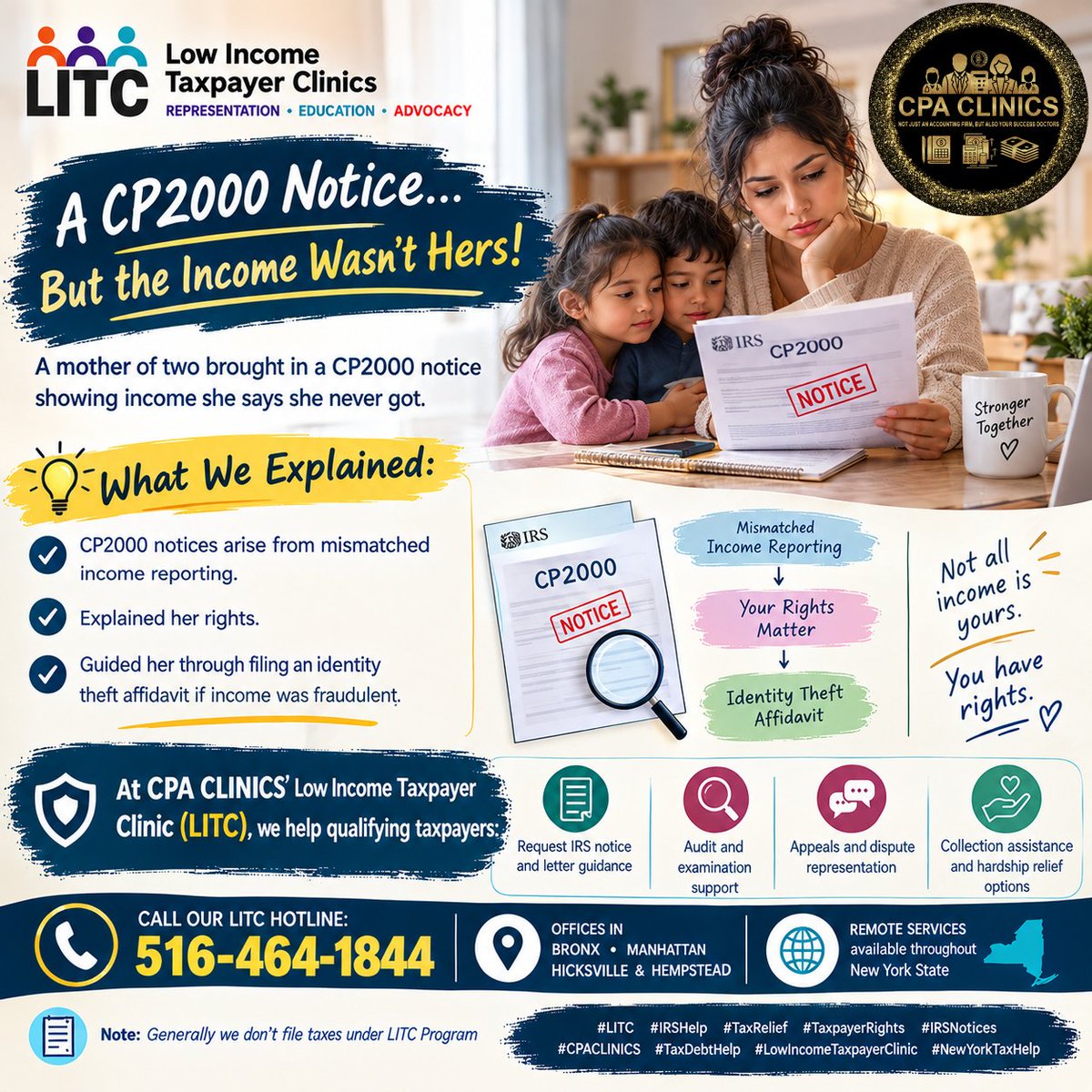 CPACLINICS's tweet photo. 💭 A CP2000 Notice... But the Income Wasn't Hers!
A mom of 2 got a CP2000 for income she never received.
We explained CP2000 mismatches, her rights & how to file an ID theft affidavit if fraudulent.
CPA CLINICS LITC can help: 516-464-1844
#IRSHelp #LITC #IdentityTheft https://t.co/VJIwmKJXAn