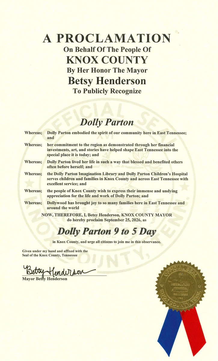 knoxcountymayor's tweet photo. Today, we celebrate the life, legacy, and enduring impact of one of East Tennessee’s brightest lights, Dolly Parton. 

May we honor her many contributions to our community by carrying forward the spirit of generosity, compassion, and service she demonstrated throughout her life. https://t.co/OPY0y5NLqj