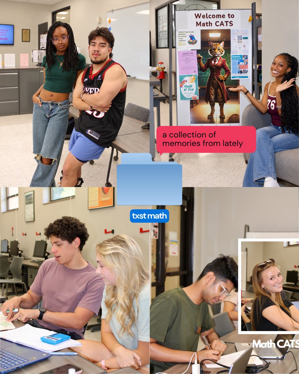 TXSTMath's tweet photo. There's always so much going on within our department. We have tutors working daily at #MathCATS to help students perform at their peak, office workers putting in hours to better the department and undergraduates giving seminars focused on their research.
#TXSTMath https://t.co/rCJuqkq5ul