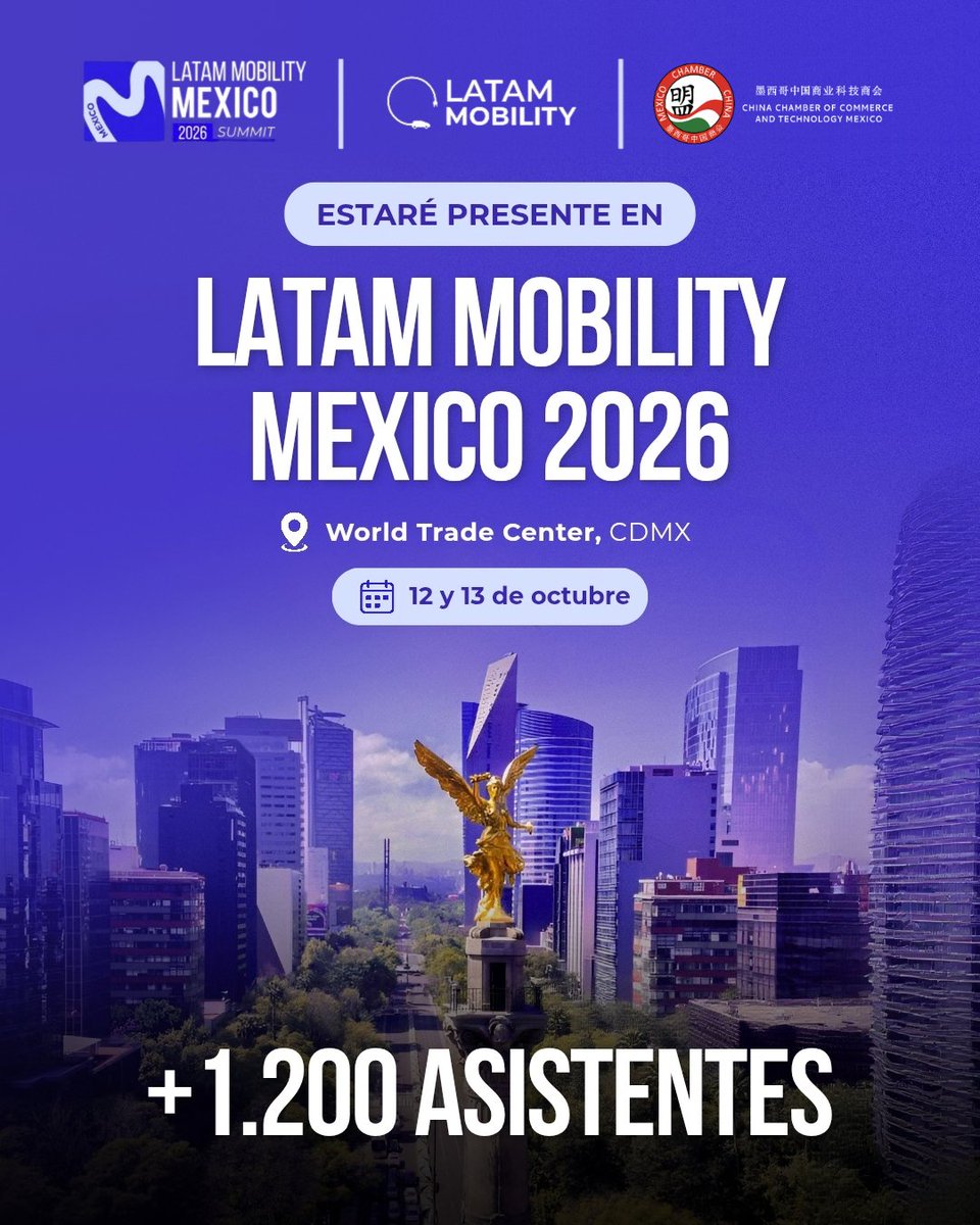 chinachambermx's tweet photo. 🚌 🍃   Entérate de todas las novedades en movilidad sostenible, electromovilidad y ciudades inteligentes en Latam Mobility México 2026.

El encuentro para líderes y empresas vinculadas con la movilidad, industria automotriz, tecnología y transición energética 🍃

Como parte de la alianza estratégica entre China Chamber Mexico y @LataMobility México 2026, nuestros socios podrán acceder a beneficios exclusivos:

🔵 10% de descuento en Conference Pass y Premium Pass con el código CCTMC10.

🔵 Accesos sin costo al área de Exhibición y Networking, con registro previo. Uno por empresa, hasta agotar disponibilidad.

🔵 10% de descuento en patrocinios para empresas y organizaciones de nuestra comunidad.

🔵 Acceso al Climate Economy Forum (CEF).

🔵 Oportunidad de postularse al Open Speaker Arena, un espacio para compartir conocimiento, tendencias y propuestas sobre temas relevantes para la agenda empresarial del sector.

¿Quieres participar?

¿Estás interesado en alguno de estos beneficios?

¿Te gustaría exponer en el Open Speaker Arena?

¡Contáctanos!

📧 dd@chinachambermexico.org

📧 events@chinachambermexico.org

En China Chamber Mexico conectamos a nuestra comunidad con nuevas oportunidades de diálogo, visibilidad y vinculación empresarial.

#ChinaChamberMexico #LatamMobility #MovilidadSostenible #Electromovilidad #AlianzasEstrategicas #Electromovilidad #Energía #AméricaLatina
