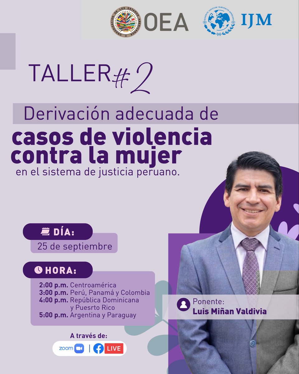 PIFJOEA's tweet photo. ¡Ya estamos en vivo!

Taller: Derivación adecuada de casos de violencia contra la mujer en el sistema de justicia peruano.💜

Enlace a Facebook live: https://t.co/t1LEMjvPQE https://t.co/PAvuGcLA4u