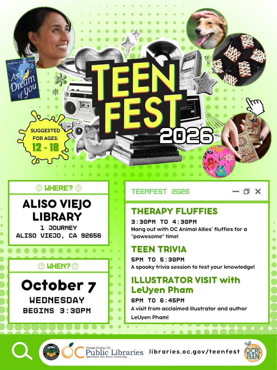ocpublib's tweet photo. At this year's TeenFest Celebration enjoy a variety of activities including Therapy Fluffies with OC Animal Allies, Teen Trivia, and a discussion with Illustrator LeUyen Pham! 

Wed, Oct 7, 3:30-6:45 PM
Aliso Viejo Library

For more info &amp; TeenFest fun: https://t.co/3dWyhfFKO4 https://t.co/zDR0HBrMYt