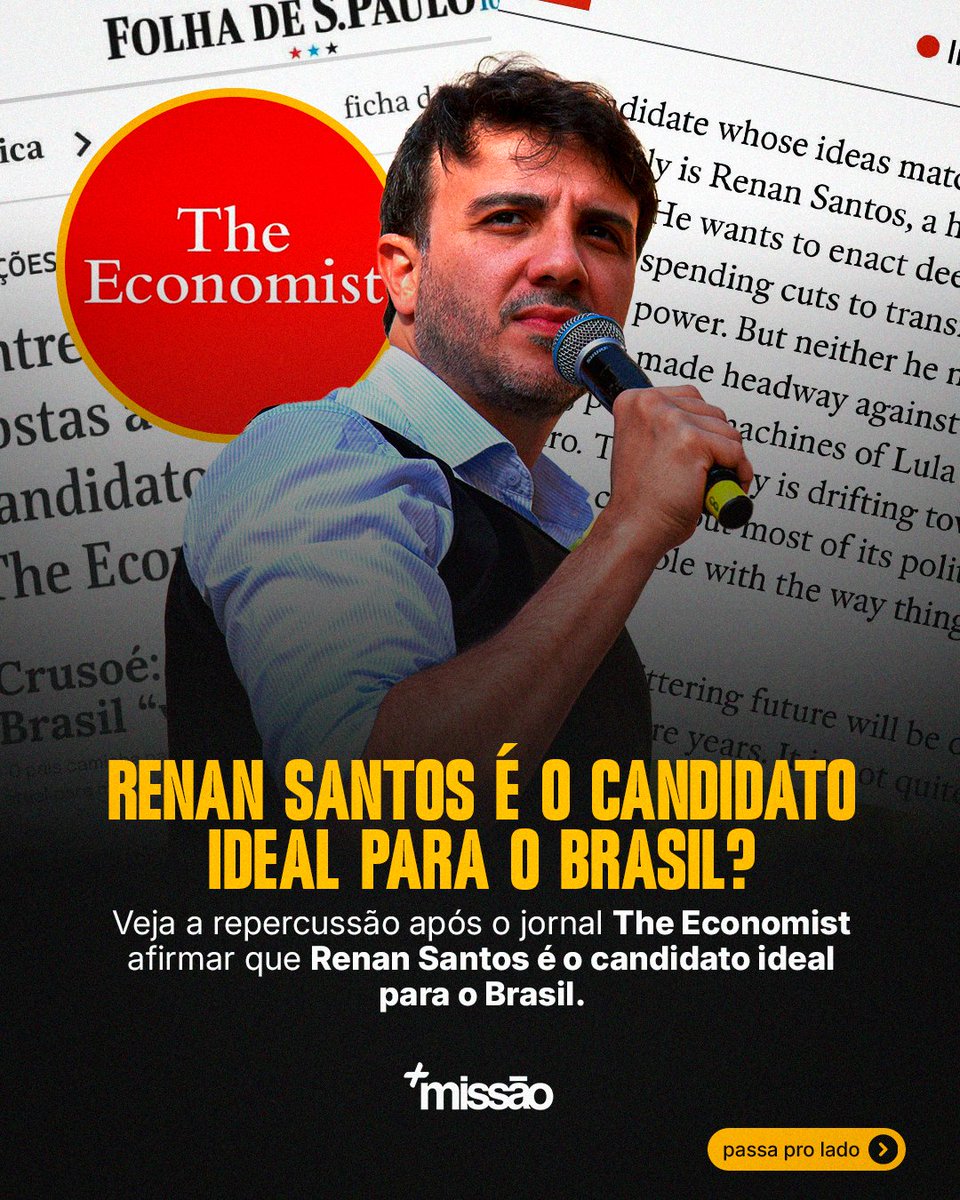 maismissao's tweet photo. RENAN SANTOS É O CANDIDATO IDEAL PARA O BRASIL! 🇧🇷

Fiz um compilado de matérias que repercutiram a afirmação do The Economist, que dizia que Renan Santos é o candidato ideal para o momento em que o país vive.

Preciso que vocês compartilhem a imagem nos storys para espalhar a notícia.