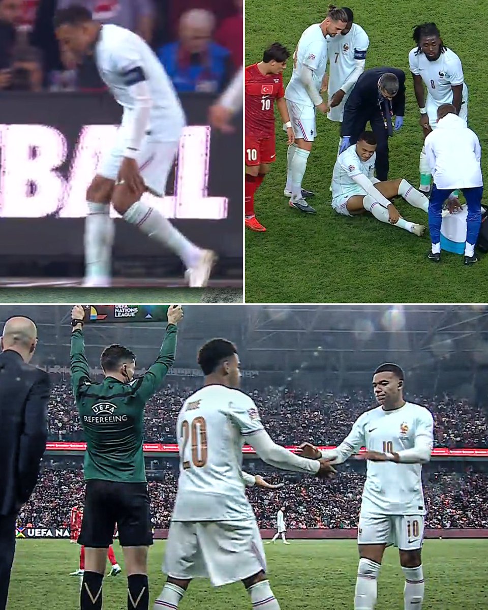 ESPNFC's tweet photo. Kylian Mbappé is subbed out after getting injured while scoring for France 😳 https://t.co/SmuUB0EZ5a