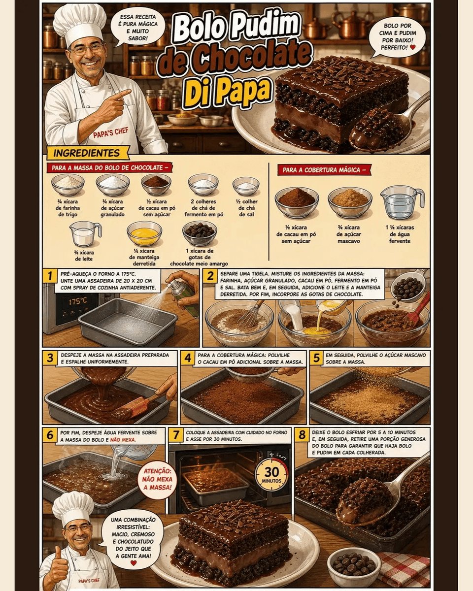 PapasChefBR's tweet photo. 🍫✨ Bolo pudim de chocolate: a receita MÁGICA — você monta um bolo, joga água fervente por cima (sem mexer!) e no forno ele se separa sozinho: bolo por cima, pudim de chocolate por…

📍 Receita completa no Instagram @papas_chef
#bolopudim #chocolate #bolodechocolate #papaschef https://t.co/0ow4vYml5R