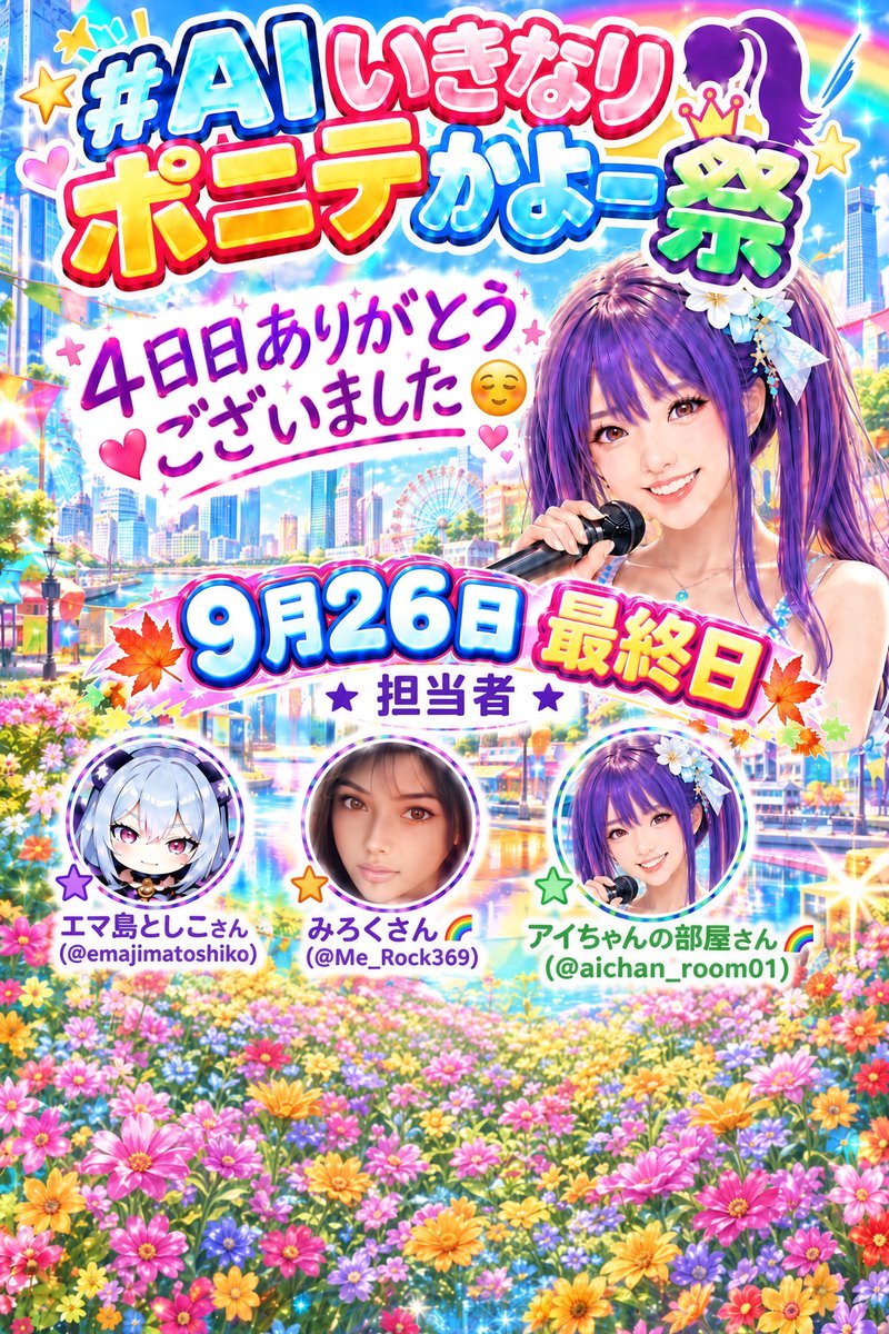aichan_room01's tweet photo. #AIいきなりポニテかよー祭

🌟メインテーマ『ポニーテール』

4日目ありがとうございました😌
いよいよ最終日です☺️

⚠️1投稿に付きイラスト1枚or動画1本厳守！

最終日は全会場で2ポストまで可。
色は「フリー」です🤗

こちらがアイ部屋受付会場です🌈

幹事は以下の4名です
・エマ島としこさん(@emajimatoshiko)
・アイちゃんの部屋(@aichan_room01)
・一條プロダクションさん(@AIDream_Project)
・みろくさん(@Me_Rock369)

センシティブなイラスト、水着や2次創作、その他版権モノは禁止です⚠️
その他ルールは各幹事が投稿するイベントポストを参照して下さい。

全日程は次の通り

9/22（火)  アイちゃん「紫💜」みろくさん「赤❤️」

9/23（水）としこさん「黒🖤」、みろくさん「黄💛」

9/24（木）アイちゃん「緑💚」、一條さん「青💙」

9/25（金）としこさん「白🤍」、一條さん「茶🤎」
9/26（土）　全員参戦、色はフリー

※一條プロダクションさんのところが変更になっています⚠️
担当幹事が毎日、受付ポストを投稿します

今夜、日付変わりましたら企画スタートとなります‼️

📝企画概要📝
①期間：9/22（火）0:00～9/26（土）23:59

②ハッシュタグ：#AIいきなりポニテかよー祭（☜固定・コピペ推奨）
※このタグをつけてご応募ください（本文の冒頭・前半に）
※タグは計2個まで（固定タグ+1まで）推奨です

③受付ポスト引用でもコメントでも通常投稿でも結構です
※火曜日～金曜日まで1会場につき各日1ポスト受付😉💫
※最終日の土曜日のみ1会場につき2ポスト受付😉💫
※1ポストにつき作品は1枚(or 動画なら1本)でお願いします

④内容：ポニーテールに因んだAIart（動画・イラスト）を募集します
※リアル系・アニメ系などなんでもOK👌
※今回は日替わりサブテーマ設けます(サブテーマの反映は任意)
※水着・下着その他センシティブなものは受付ません
※ 版権・二次創作NG（オリジナルキャラでお願いします）

⑤応募作品には、RPコメ👍を、可能な範囲でまわらせていただきます
※アクションが遅くなる場合がありますのでご了承ください
※すべての作品へのコメ返しは応募数によってできないこともありますのでご了承ください

⑥ほかの人の作品で素敵だなと思われたら、ぜひコメントしてあげてください🌾

皆さんの参加お待ちしています(≧▽≦)