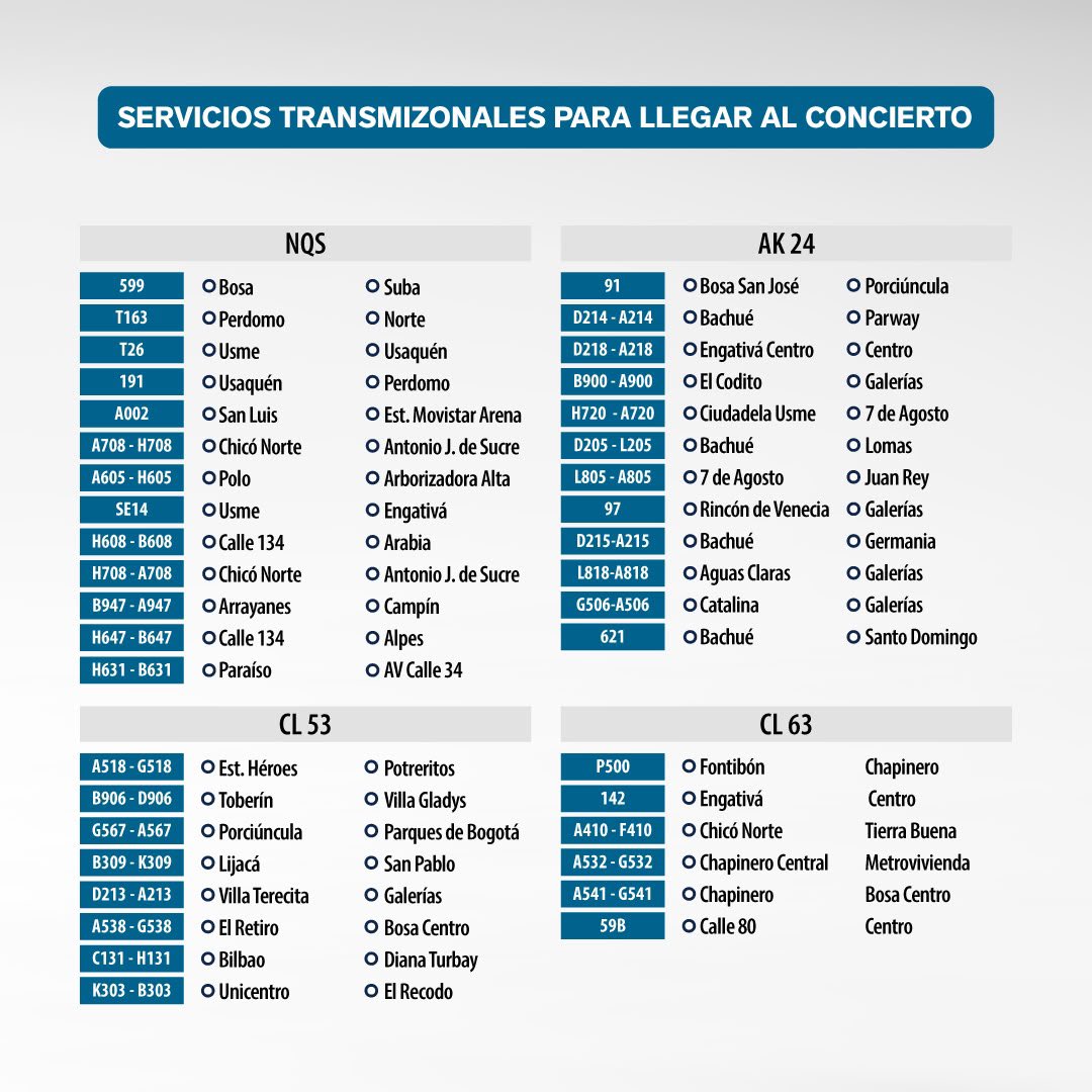 btsarmycol_'s tweet photo. 🚌💜 ARMY, si vas al concierto de BTS en Bogotá y no conoces la ciudad, guarda esta guía.

📍 Los días 2 y 3 de octubre, TransMilenio tendrá operación habitual para llegar al Estadio El Campín.

Las estaciones recomendadas son:

📌 Movistar Arena
📌 Campín – UAN
Ambas sobre la troncal NQS.

🚍 Movistar Arena: 4, B72, D21, G30, L25, C25, C30, H21 y H72.

🚍 Campín – UAN: 4, B11, C25, G11, S42, D21, E42, H21 y L25.

💳 Recuerda llevar tu tullave recargada. La tarjeta básica cuesta $8.000 y el pasaje $3.550.

📱 Si no conoces Bogotá, utiliza TransMiApp para consultar rutas y horarios en tiempo real.

⚠️ Guarda la segunda parte: te contamos cómo será el regreso después del concierto.

#TransmiModoARMY #BogotáRecibeABTS