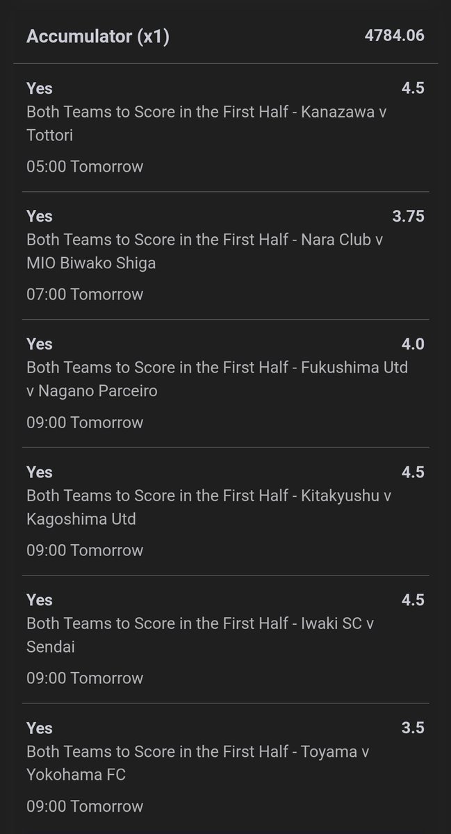 Flutterpunt's tweet photo. J League Accas 🇯🇵

Both Teams to Score @ 20.80
Over 2.5 Match Goals @ 34.83
Over 1.5 First-Half Goals @ 349.79
Both Teams Score First-Half @ 4784.06 https://t.co/mlol9OBR9J