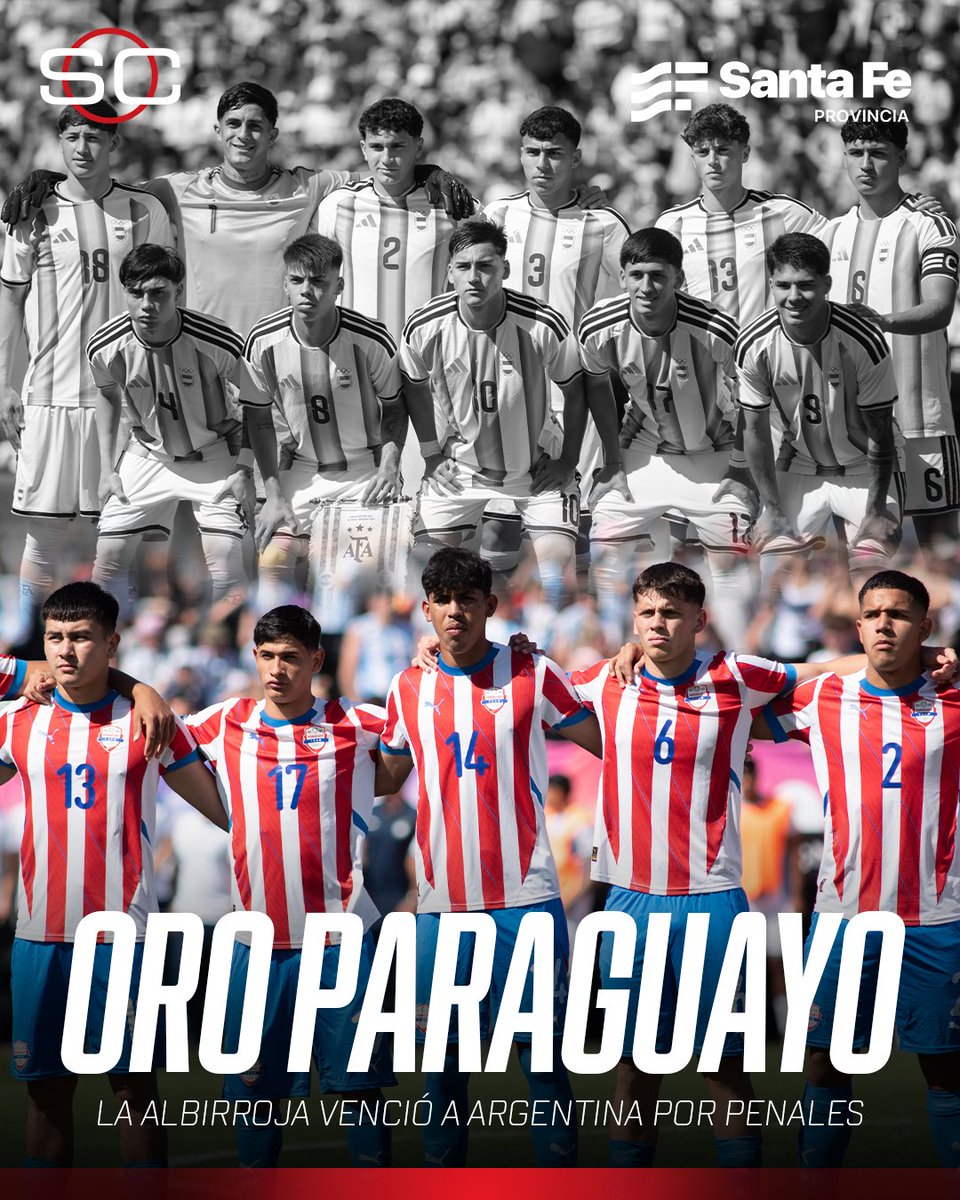 SC_ESPN's tweet photo. 🥇 ¡ARGENTINA QUEDÓ A UN PASO DEL ORO Y LA ALEGRÍA ES ALBIRROJA!

🇵🇾 Paraguay derrotó 5-4 por penales a la Sub 19 de Placente (fue 0-0 en los 90') y se sube a lo más alto del podio

👏 Tercera vez en la historia que conquista la dorada en los Suramericanos (las anteriores en 1978 y 2022)

📺 Los #SuramericanosSantaFe2026, por ESPN en el Plan Premium de #DisneyPlus (solo ARG)