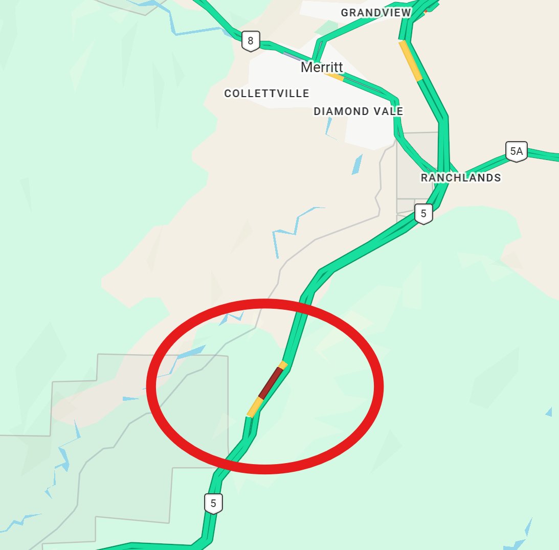 DriveBC's tweet photo. 📡⚠️#BCHwy5 - Reports of a vehicle incident on the #Coquihalla southbound north of Comstock Rd. #Merritt
The northbound right lane is reportedly blocked. Watch for crews on scene. https://t.co/LmI2xHu7Qu