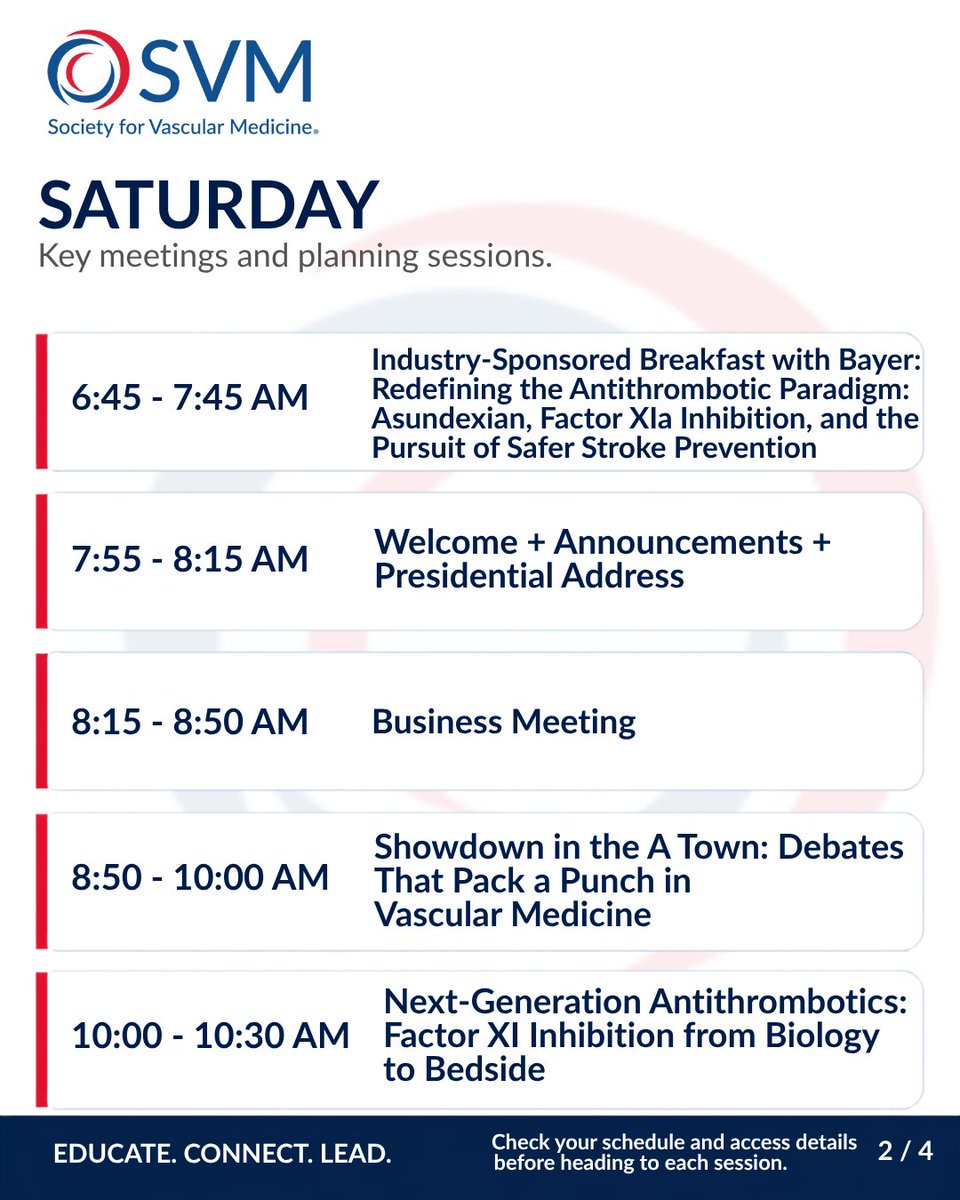 SVM_tweets's tweet photo. Saturday at #VSS2026 is packed.
Debates. Emerging science. Leadership. Hands-on learning. Networking. And a VSS favorite to close out the day: Vascular Jeopardy.
Explore today’s sessions and plan your Saturday:
https://t.co/eiy5HO7HPf
#SVM #VascularMedicine
@EstherSHKimMD @adityasharmamd @DKadiandodov @JoshuaBeckmanMD @heatherlgornik @DrLouMDPhD @RKolluriMD @GBarnesMD @EricSecemskyMD @stanhenkin @evratchford