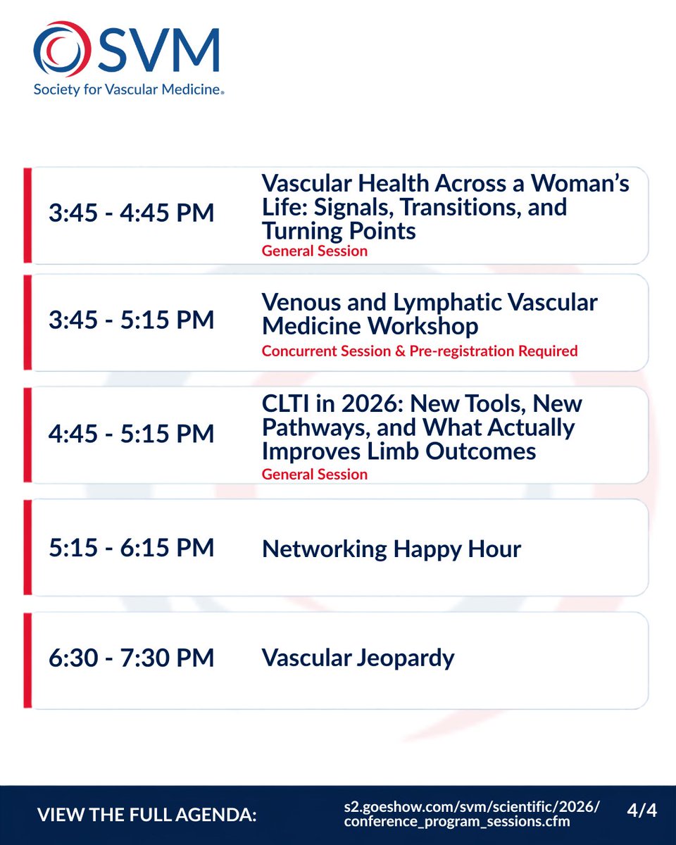 SVM_tweets's tweet photo. Saturday at #VSS2026 is packed.
Debates. Emerging science. Leadership. Hands-on learning. Networking. And a VSS favorite to close out the day: Vascular Jeopardy.
Explore today’s sessions and plan your Saturday:
https://t.co/eiy5HO7HPf
#SVM #VascularMedicine
@EstherSHKimMD @adityasharmamd @DKadiandodov @JoshuaBeckmanMD @heatherlgornik @DrLouMDPhD @RKolluriMD @GBarnesMD @EricSecemskyMD @stanhenkin @evratchford