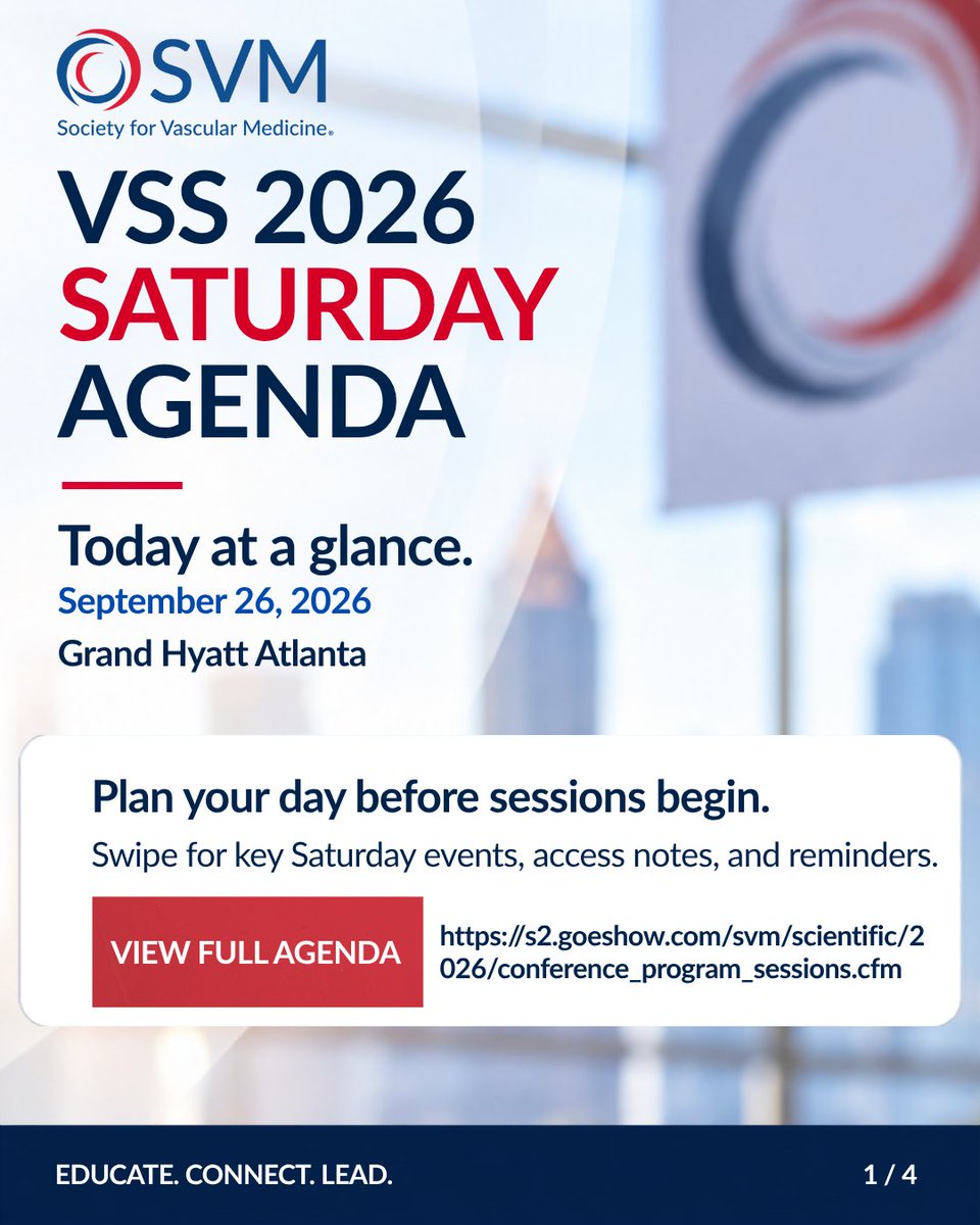 SVM_tweets's tweet photo. Saturday at #VSS2026 is packed.
Debates. Emerging science. Leadership. Hands-on learning. Networking. And a VSS favorite to close out the day: Vascular Jeopardy.
Explore today’s sessions and plan your Saturday:
https://t.co/eiy5HO7HPf
#SVM #VascularMedicine
@EstherSHKimMD @adityasharmamd @DKadiandodov @JoshuaBeckmanMD @heatherlgornik @DrLouMDPhD @RKolluriMD @GBarnesMD @EricSecemskyMD @stanhenkin @evratchford