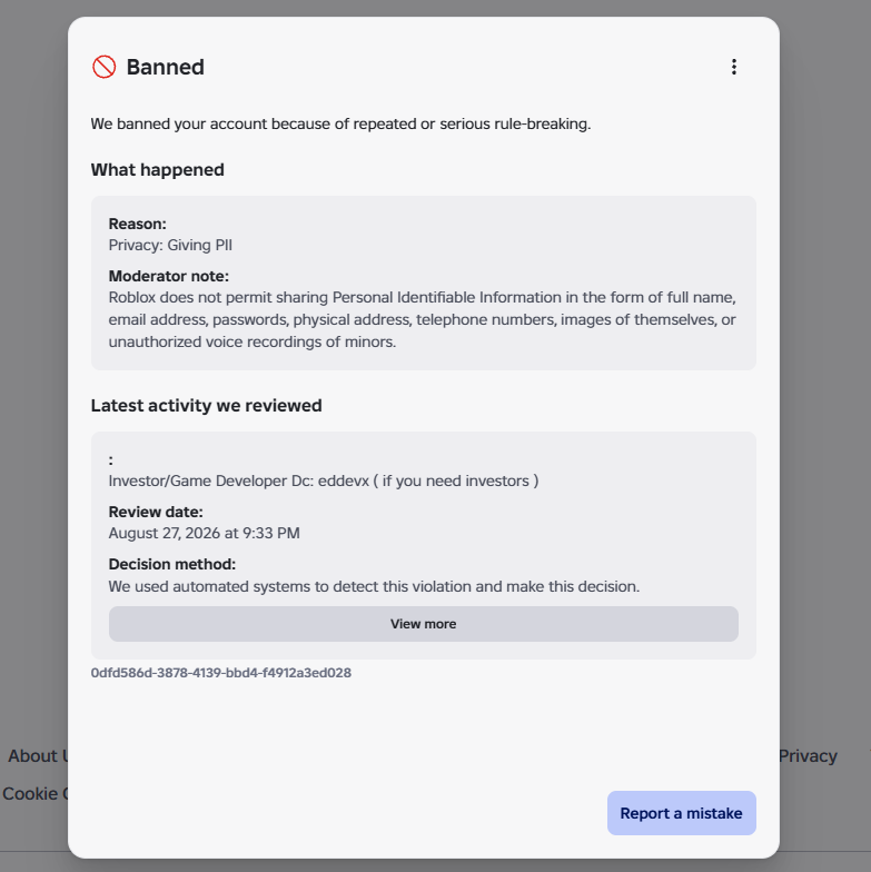 ItzNoata's tweet photo. I'm really pissed at @Roblox for falsley banning my account. The bio was meant to be a way for other developers to contact me for business purposes, not leaking passwords, phone numbers or all other kinds of personal info. I'm glad yall changed the other false reasons. Ac: EdDevX https://t.co/iQnmbNs2Bv