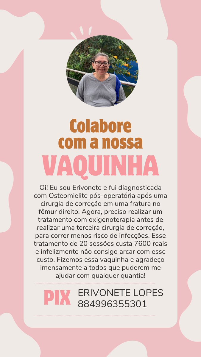 thismtryin's tweet photo. oi gente! venho por meio desse tweet pedir ajuda no tratamento da minha mãe. 🥹
em maio, ela sofreu uma queda de própria altura que resultou em uma fratura do fêmur distal direito e teve osteomielite pós-operatória, uma infecção grave em que ela precisou ficar internada por [+] https://t.co/uWw2ZWN8re