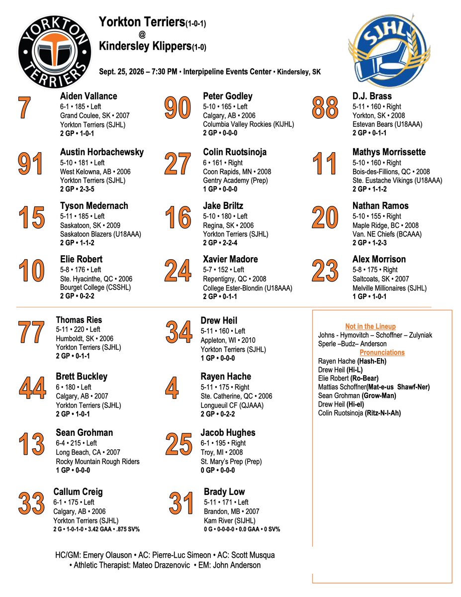 theSJHL's tweet photo. ๐ฅ IT'S A SUPER FRIDAY!
Check out the league lineups for Friday, Sept. 25, 2026!
#SuccessStartsHere #StayHerePlayHere
@WolverinesSJHL @SJHL_NorthStars @klippershockey @sjhlmlfmustangs @estevanbruins @sjhlterriers @weyburnredwings @HumboldtBroncos @SJHL_IceWolves @SJHL_Hawks
@FFBombers @MLVMillionaires @cjhlhockey
Pt. 1