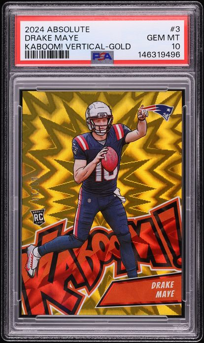 CardsBoulevard's tweet photo. PSA 10 2024 Absolute Kaboom! Vertical Gold Drake Maye /10 Market Check 📉

✅ Mar. 2026 - $66,000
✅ Sept. 2026 - $52,800 https://t.co/Xgj5eUlD7J
