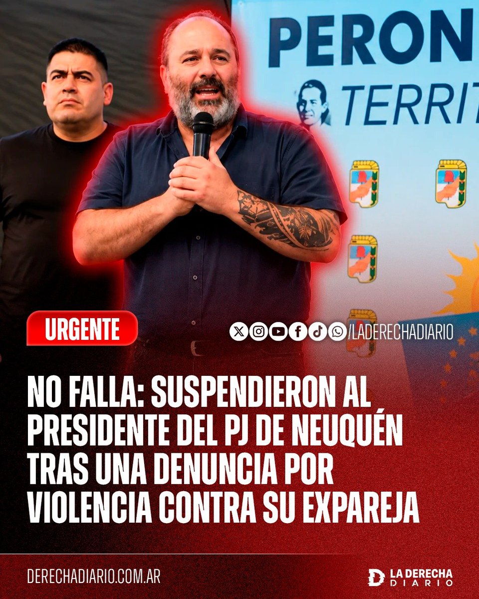 laderechadiario's tweet photo. 🚨🇦🇷 | NO FALLA: SUSPENDIERON AL PRESIDENTE DEL PJ DE NEUQUÉN TRAS UNA DENUNCIA POR VIOLENCIA CONTRA SU EXPAREJA

El intendente José “El Turco” Asaad fue apartado de la conducción del peronismo provincial mientras avanza la investigación judicial. Según medios locales, el Cuerpo Médico Forense constató hematomas y otras lesiones en el cuerpo de la denunciante.

El dirigente negó las acusaciones y aseguró que presentará "pruebas y testimonios" en su defensa. Su continuidad como intendente de Vista Alegre también quedó bajo análisis del Concejo Deliberante.