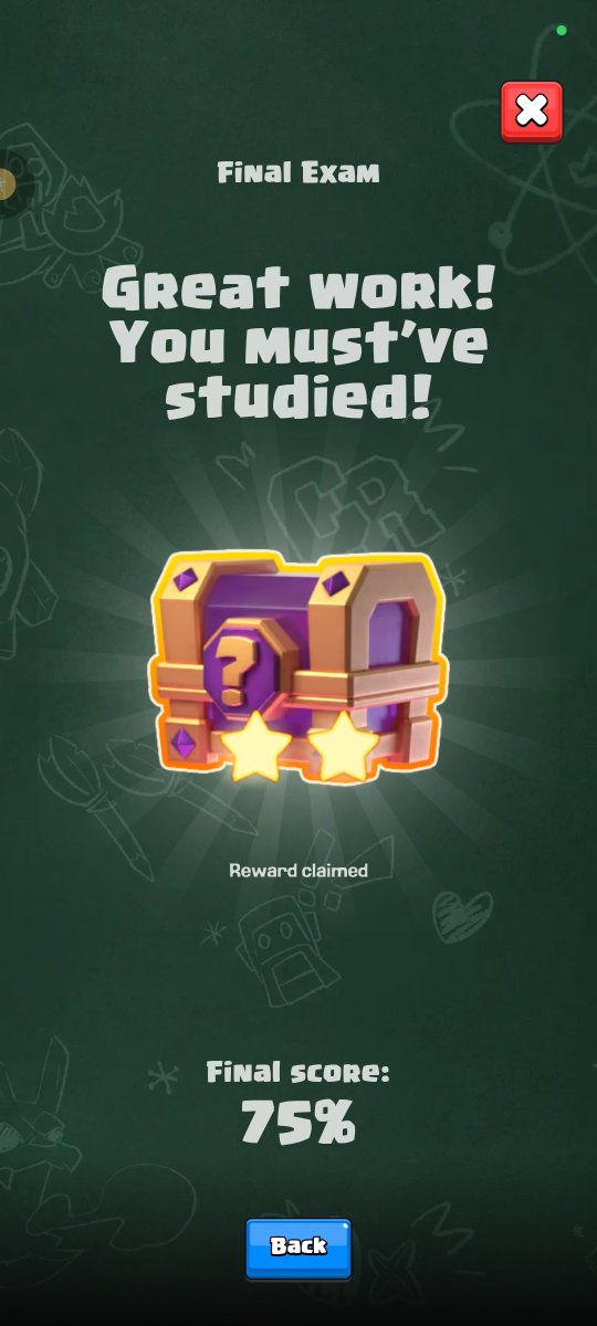 HEPTA_CR's tweet photo. @donaldwsjr @ClashRoyale @emilia_royale
Can we fix this issue, I finished the exam thinking I could retake, so I was just spamming the next button and clicked on claim reward. Didn't know u gotta get a high score for the emote.. Give us the option to retake https://t.co/6qowpma84l