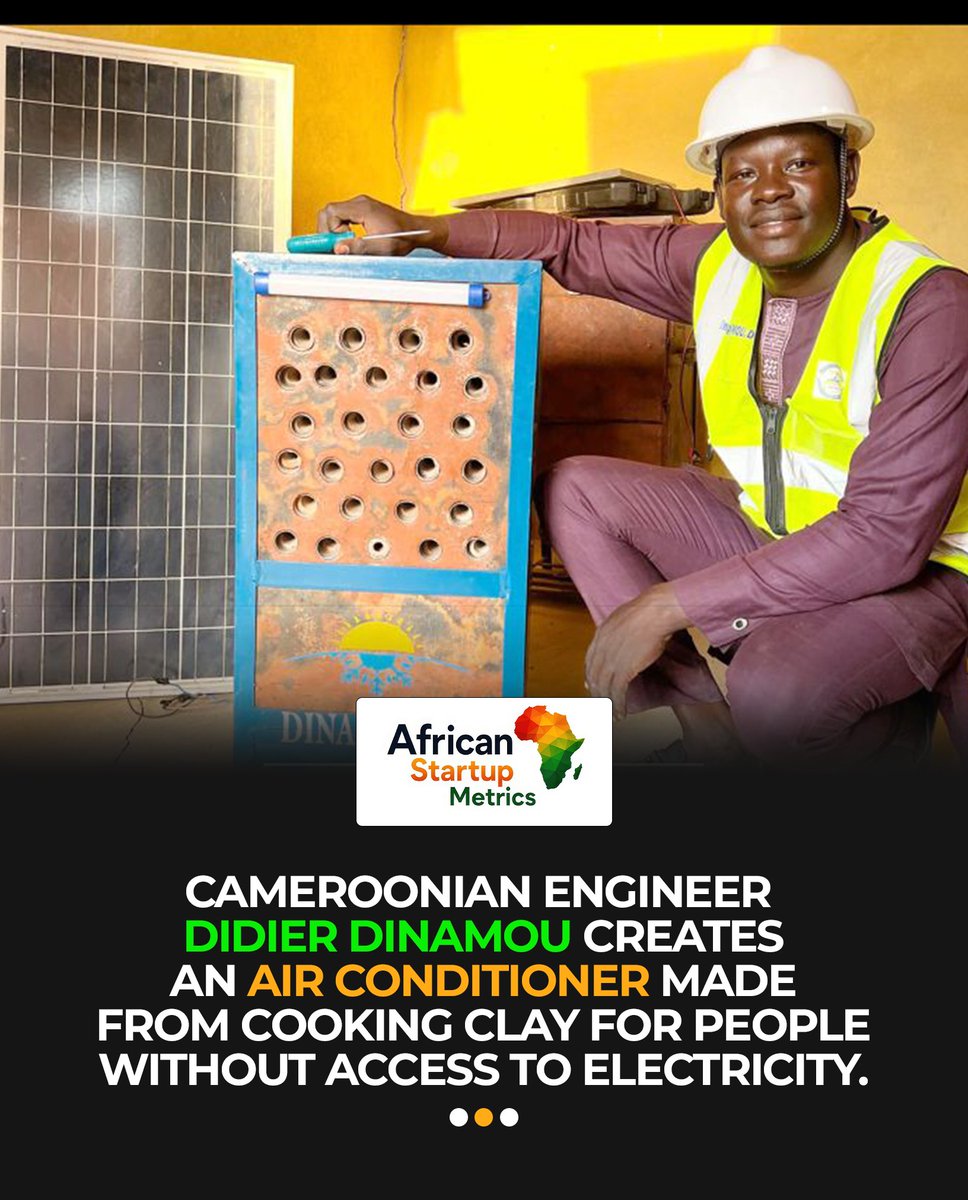 AfricanstartupM's tweet photo. 🇨🇲 Local Innovation Solving Local Challenges! 

Cameroonian energy engineer Didier DINAMOU, founder of Diwa Innovation, has developed an eco-friendly cooling solution designed for communities with limited or unreliable access to electricity.

Inspired by the ancient principles of adiabatic evaporative cooling, the system uses locally sourced terracotta clay, water, and solar energy to help reduce indoor temperatures naturally.

Unlike conventional air conditioners, the concept does not depend on high-voltage electricity or conventional refrigerants. The off-grid system can also support basic energy needs, including LED lighting and mobile-phone charging.

The innovation highlights an important opportunity for Africa: solving local problems with locally available materials, appropriate technology, and sustainable engineering.

As temperatures rise and reliable electricity remains a challenge in many communities, solutions like this could offer a more accessible approach to cooling and basic energy needs particularly in off-grid and underserved areas.

The bigger question is: How can African technology hubs, investors, universities, and governments help locally engineered green technologies move from promising prototypes to solutions deployed at scale?

What do you think? 

#AfricanInnovation #AfricanTechnology #GreenTech #ClimateTech #SustainableInnovation #SustainableDesign #Cameroon #OffGridSolutions #RenewableEnergy #CleanTechnology #LocalInnovation #AfricanStartups #Engineering #EnergyInnovation #ClimateInnovation #AfricaTech #AfricanStartupMetrics