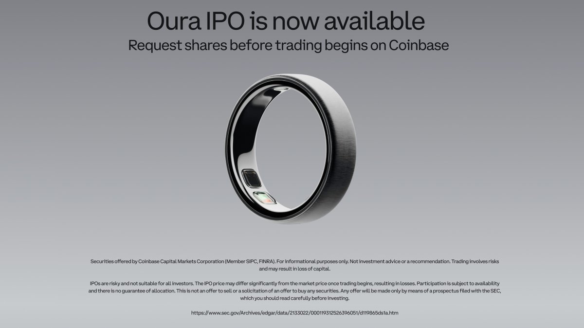 coinbase's tweet photo. More access, for more people. 

IPOs are now on Coinbase, and the first offer is @ouraring.

Request an allocation directly in the app, before public trading begins.

Open through the weekend, until September 29 at 4:00 PM ET.