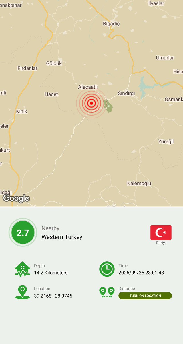 ZAMYAD_APP's tweet photo. Western Turkey
Magnitude: 2.7
Depth: 14.2 Kilometers
Location: 39.2168 , 28.0745
Time: 2026/09/25 19:31:43 (GMT)

Zamyad Earthquake Tracker
Free Download:
https://t.co/RJ4yLcH9Ej

#Earthquake #Türkiye #Earthquake_Tracker #zamyad https://t.co/xDUp8EeF0W