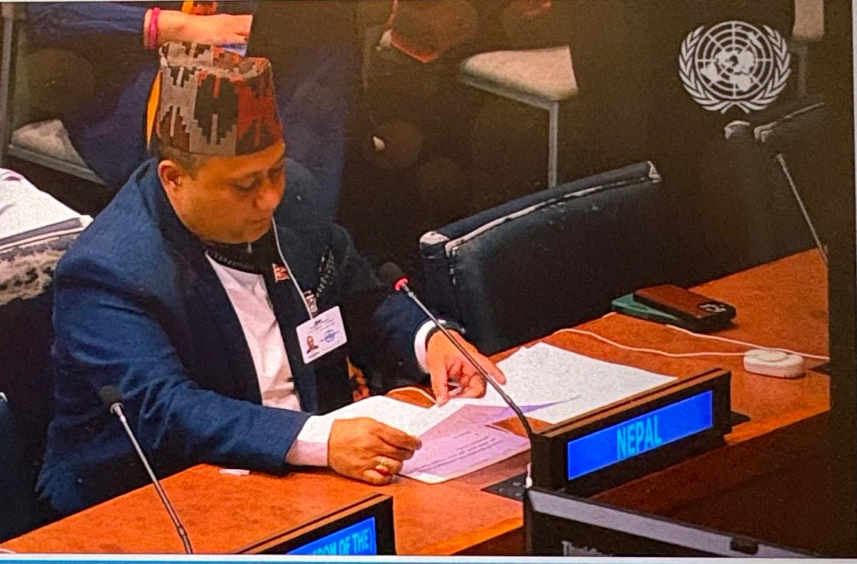 NepalUNNY's tweet photo. “The Himalayas and the oceans belong to a single, indivisible planetary system. As global temperatures escalate, Himalayan glaciers—the Water Tower of Asia—retreat rapidly, destabilizing river basins that nourish billions downstream while relentlessly fueling rising seas.”

Speaking at #the High-Level Meeting on Sea-Level Rise on the margins of UNGA81, Hon. Foreign Minister Mr. Shisir Khanal @shisir underscored climate vulnerability across the Himalayas, low-lying coasts and islands and urged decisive global action on grant-based climate finance, science and early warning, robust Loss and Damage mechanisms, and protection of the rights and dignity of displaced populations.

Shedding light on Nepal’s “Sagarmatha to the Sea” initiative, he emphasized on the mountain-to-ocean interdependence and called for greater regional and global solidarity, partnerships in climate action.