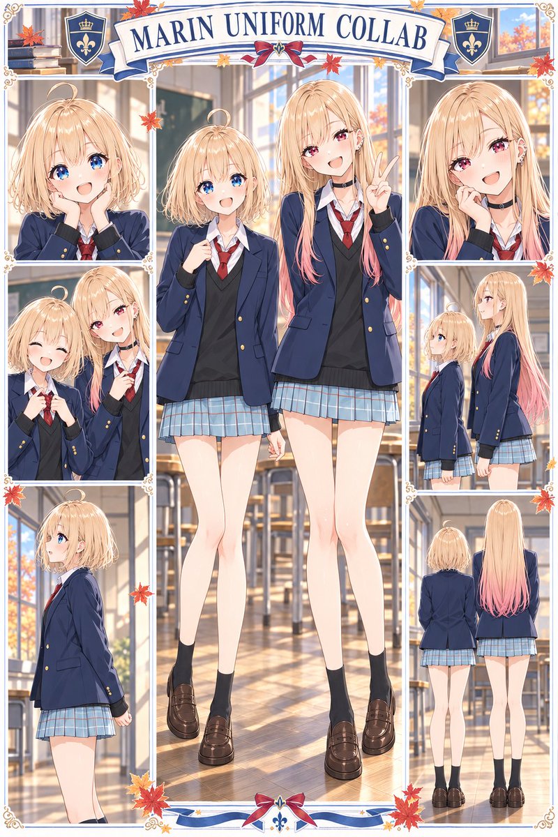 Bluetoothmatsu's tweet photo. おはヒカリ〜🌟
今朝は海夢さんと制服コラボです♪
『その着せ替え人形は恋をする』の制服を、わたしも着せてもらいました！
同じ制服でも、着る人によって印象が変わるのが面白いですね。
海夢さんとお揃いの制服……似合っていますか？
#着せ恋  #AIイラスト #AIart https://t.co/igYsUhIVB7