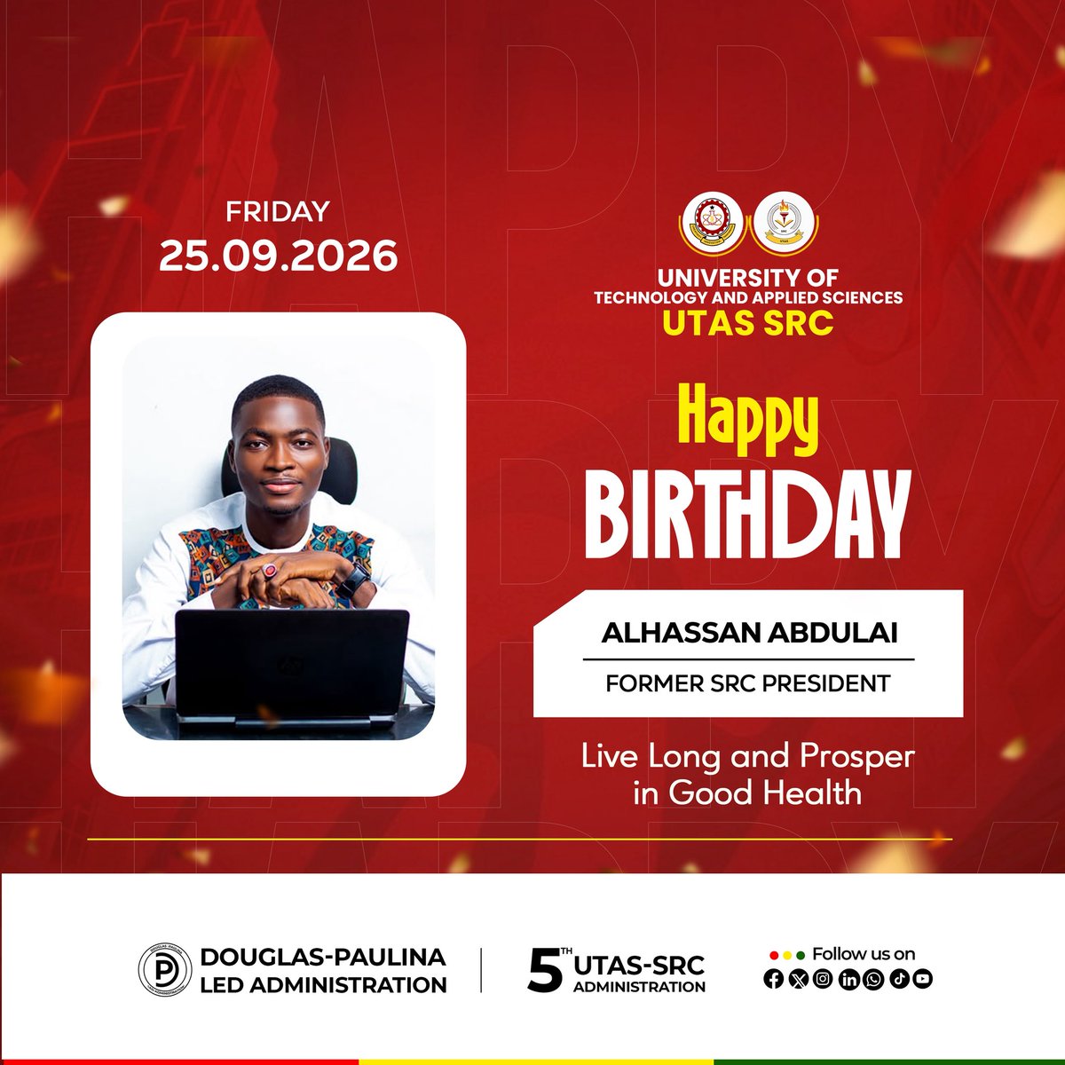 utas_src's tweet photo. Happy Birthday to our former SRC President, Alhassan Abdulai 🎉

Wishing you a new year filled with good health, growth, and greater accomplishments. May you continue to live long and prosper. 🎂🎊

Happy Birthday, Sir https://t.co/PHRhFRoGLK