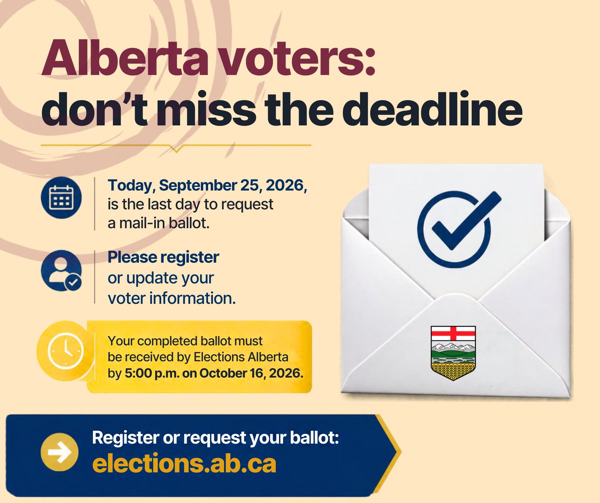 CalgaryAlt's tweet photo. 📢 Today's the last day to request a mail-in ballot! 

If you haven't done so, we encourage you to register and vote ✔️

Follow this link to request your mail-in ballot: https://t.co/SAvgIYjGgk https://t.co/dPah6OyzEi