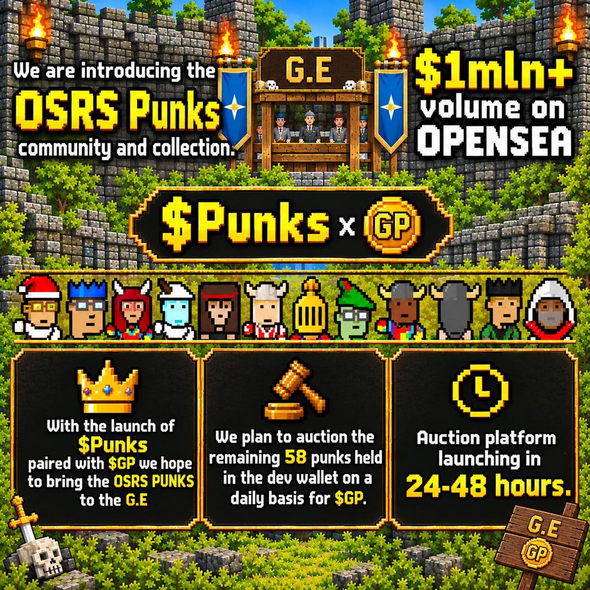 OsrsPunks's tweet photo. We are introducing the OSRS Punks community and collection from Ethereum to the $GP ecosystem and Solana. With the launch of $Punks paired with $GP we hope to bring the OSRS PUNKS to the G.E (https://t.co/xeBzfmsWuK) and we plan to auction the remaining 58 punks held in the dev wallet on a daily basis for $GP- auction platform launching in 24-48 hours. CA: FQsw8bevbnSuwegSkmusnCbe573xNK9XES5sCXDve355