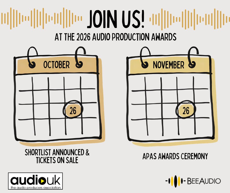 BeeAudio's tweet photo. 📅 The countdown is on! 🎧🎙️
The @WeAreAudioUK APAs shortlist will be announced October 26th, the same day tickets go on sale. We can't wait for this exciting event! https://t.co/eztKvhi6No
#APAs #AudioAwards #AudioProductionAwards #podcast #Audiobooks #audioindustry https://t.co/HpR3k6dZxo