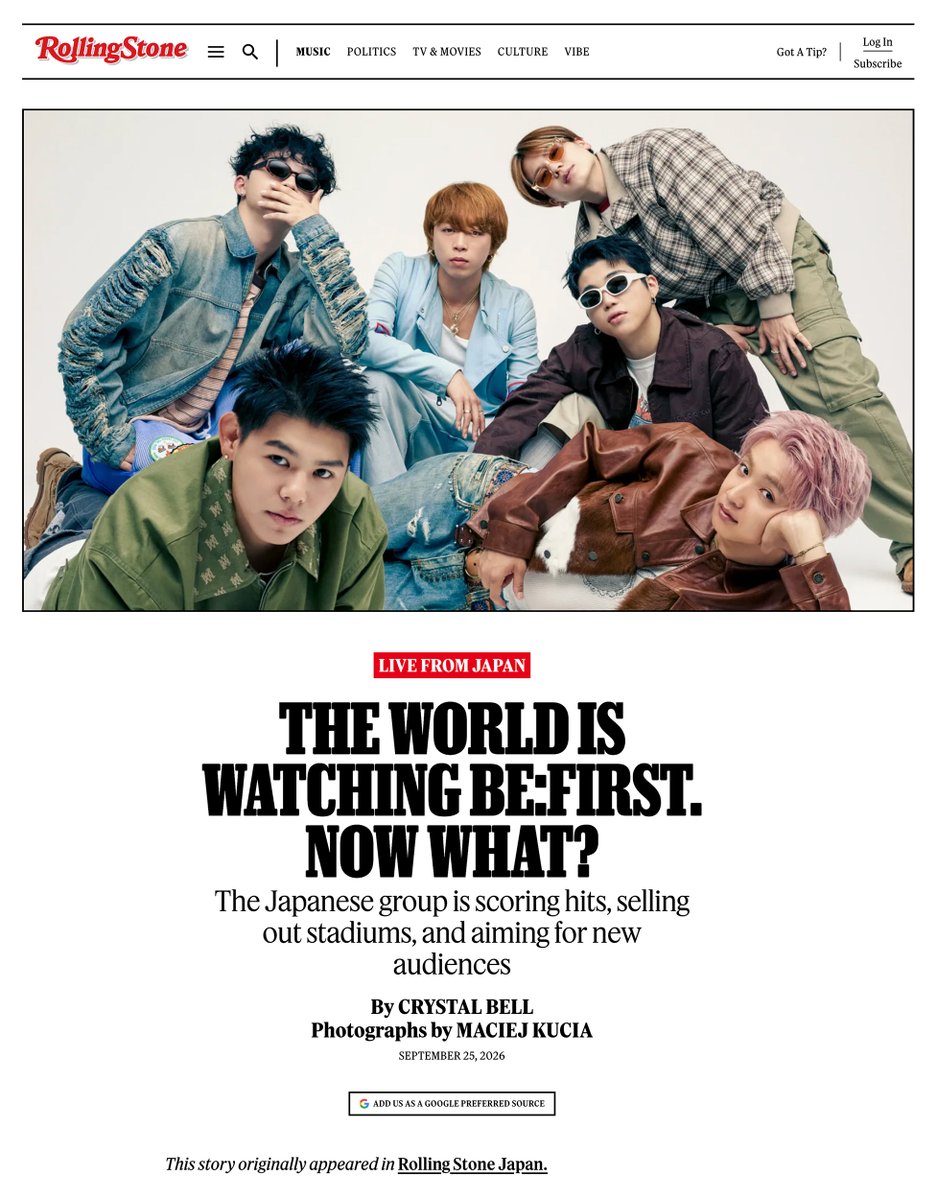 rollingstonejp's tweet photo. 【Rolling Stone】𝗕𝗘:𝗙𝗜𝗥𝗦𝗧
Rolling Stone JapanのCOVER STORYが、米Rolling Stoneでも公開！

━━━━━━━━━━━━━━━━

Global EP『WATCH ME』、LAでの楽曲制作、日本語で歌うこと、そして6人が自ら築いてきた“ボーイバンド”のかたちを掘り下げます。

日本版には掲載されていない、Rolling Stone US限定カットも。
🔗https://t.co/giqT2PgVLx
※全文閲覧にはRolling Stone USの有料購読が必要です（月額7.99ドル〜／いつでも解約可能）。

@BEFIRSTofficial
#BEFIRST #BESTY #BF_WATCHME #RollingStone