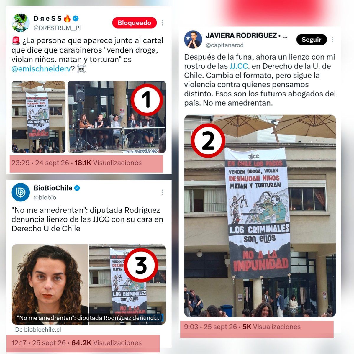 RobertoMerken's tweet photo. 🔴 Así se instala una polémica en la ultraderecha:

1️⃣. 24 de septiembre, 23:29: “Dress”, cuenta identificada por El Mostrador como parte del troleo de ultraderecha y vinculada a campañas de desprestigio, publica fotos de un lienzo en Derecho de la U. de Chile. 

En el mismo mensaje insinúa que Emilia Schneider aparece en la actividad, sin demostrar que haya participado en la elaboración o instalación del lienzo.

2️⃣. 25 de septiembre, 09:03: la diputada republicana Javiera Rodríguez difunde la misma imagen y denuncia que el lienzo constituye violencia contra ella. Puede criticarlo, por supuesto. Pero, dada la circulación previa de la imagen y el historial público de esa cuenta, debió al menos comprobar su origen y separar lo que muestra el lienzo de las insinuaciones añadidas en redes.

3️⃣. 25 de septiembre, 12:16: @biobio publica la denuncia de la diputada como noticia nacional.

4️⃣ No es la primera vez que cuentas de este tipo intervienen en disputas políticas. Esta cronología no prueba una coordinación entre el troll, la diputada y el medio, como ha sucedido con la ultraderecha en el pasado. 

Sí muestra algo que merece escrutinio: una cuenta asociada al desprestigio político participa en la circulación inicial de la imagen; horas después, la controversia alcanza difusión nacional gracias a una diputada chilena.

¿Es bueno seguir haciendo eco a estás cuentas?